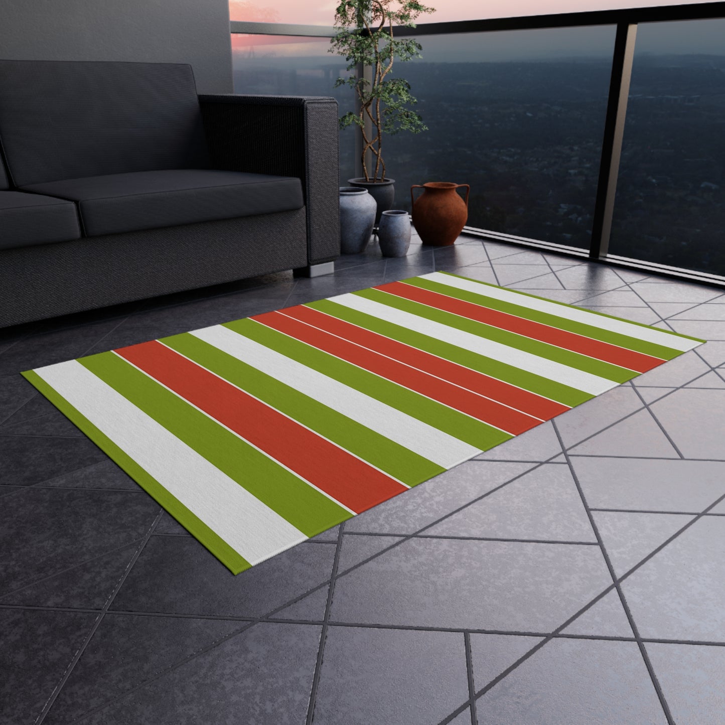 Green Red White Striped Outdoor/Indoor Rug | Patio Door Mat
