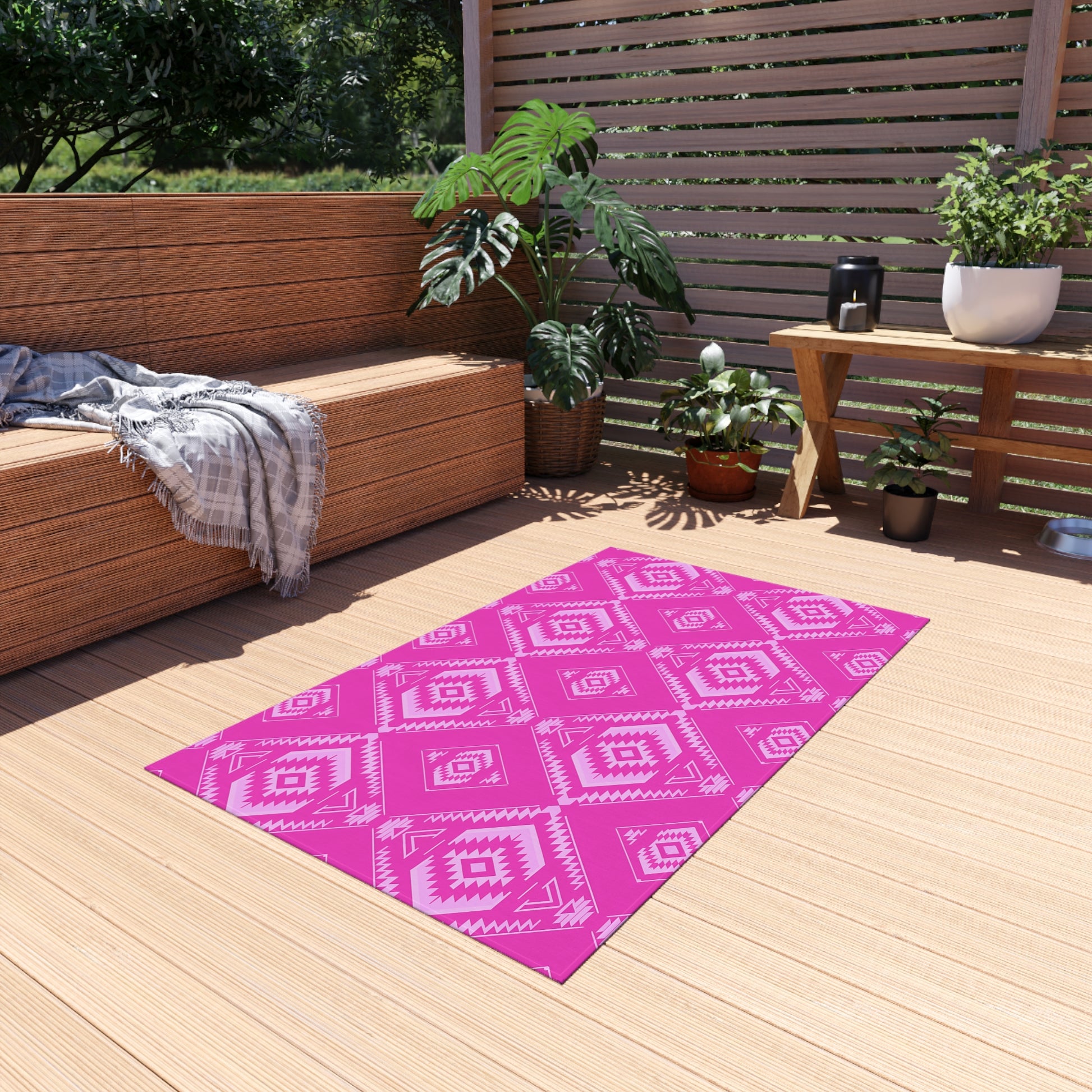 Fuchsia Southwestern Vibrant Outdoor Rug - Pink Geometric Pattern, Patio Decor, Boho Chic, Outdoor Spaces, Garden Mat, Home Essentials - LOLA VEGAS ART