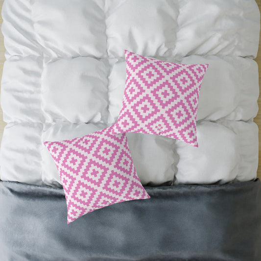 Pink White Geometric Boho Native American Diamond Pattern Pillow | Square Accent Cushion