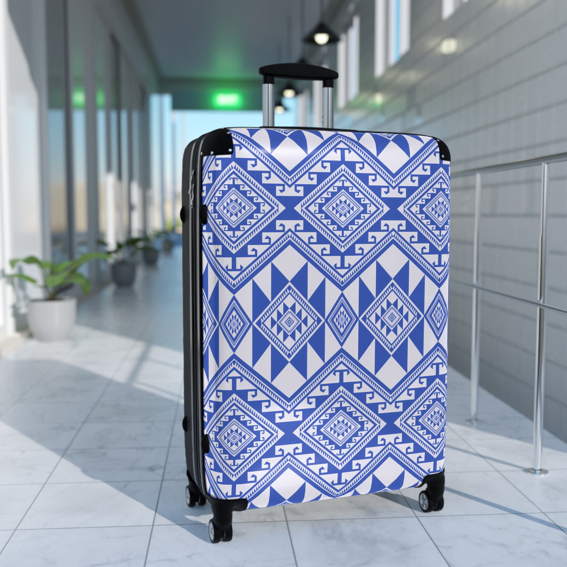 Stylish Suitcase with Blue Geometric Pattern, Travel Luggage, Trendy Carry-On, Vacation Gear, Fashionable Weekend Getaway - LOLA VEGAS ART