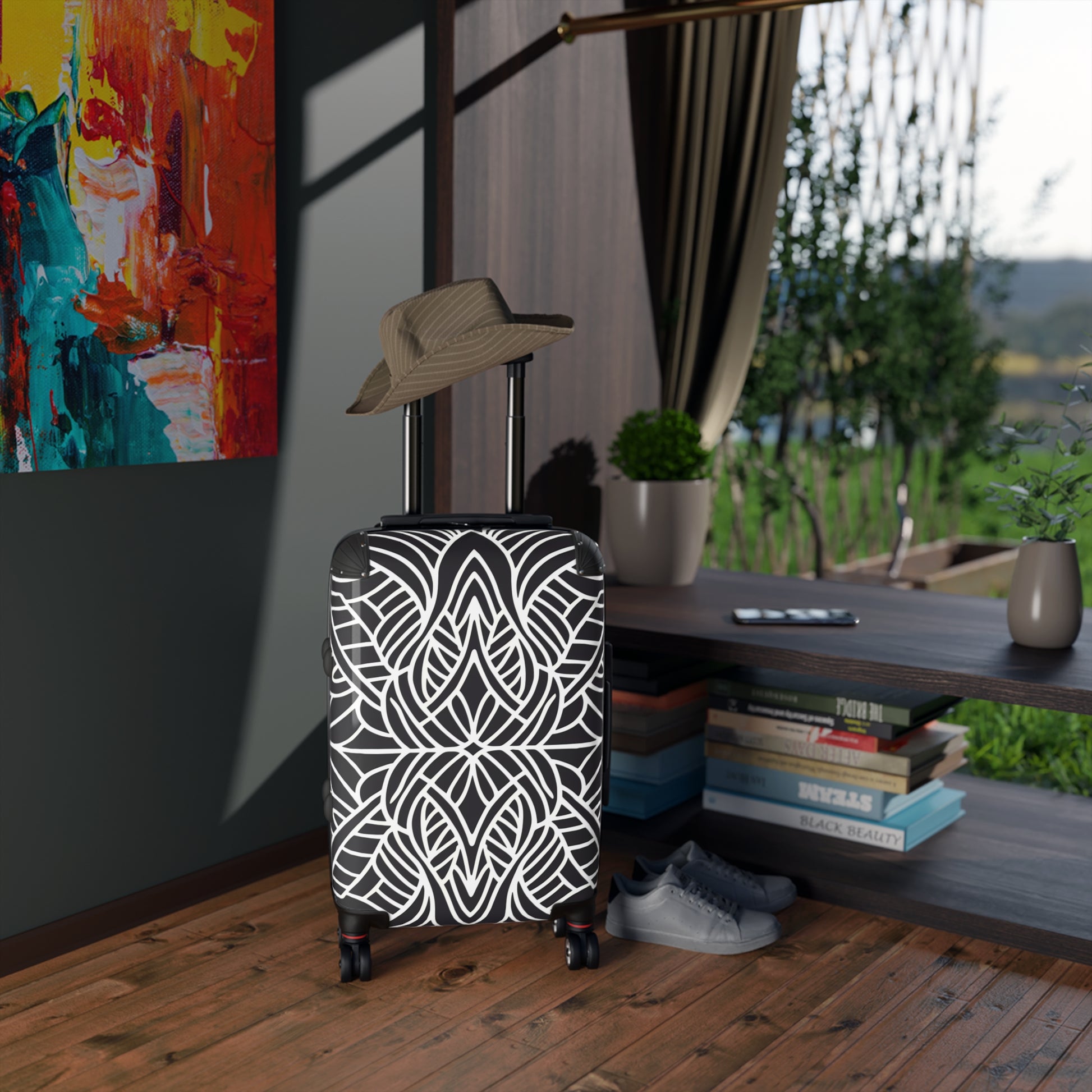 Suitcase, Abstract Symmetrical Design Luggage, Unique Travel Accessory, Black and White Suitcase, Travel Gift, Stylish Suitcase - LOLA VEGAS ART