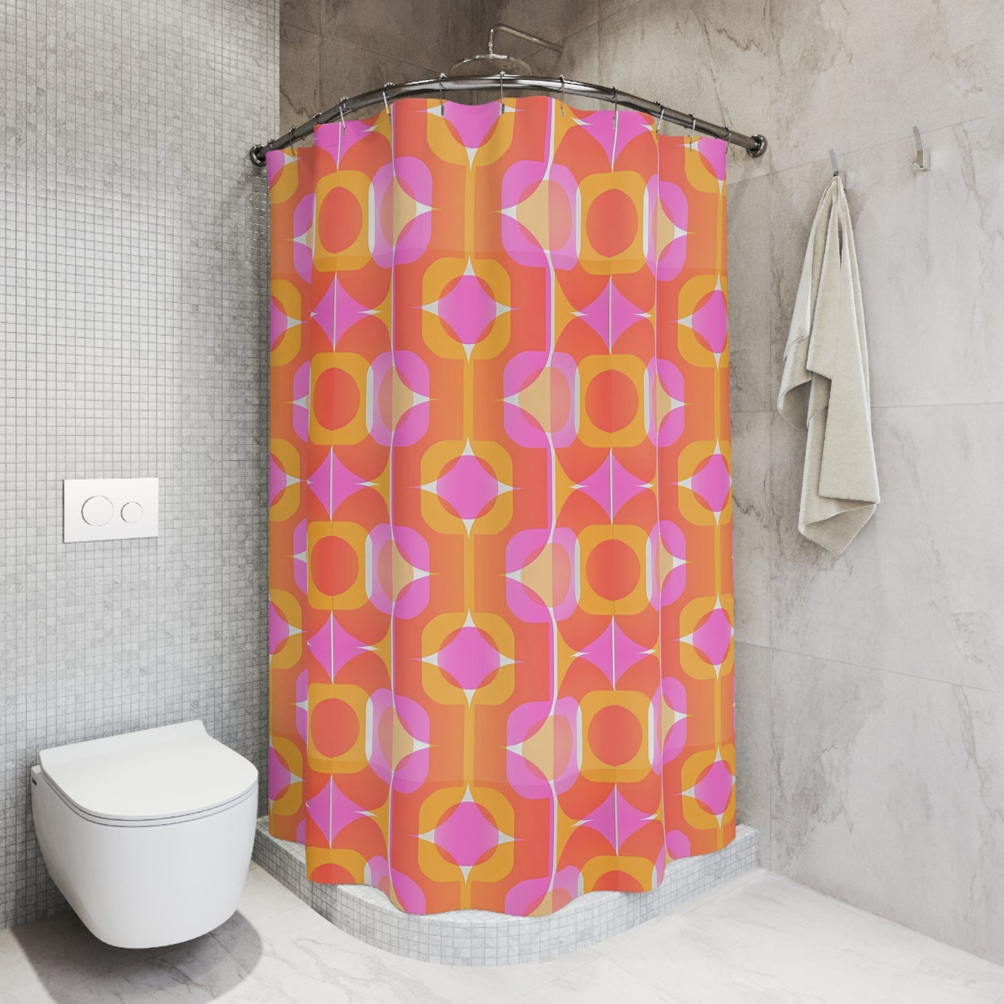 Retro Geometric Pattern Shower Curtain 70s Orange Pink Mid Century