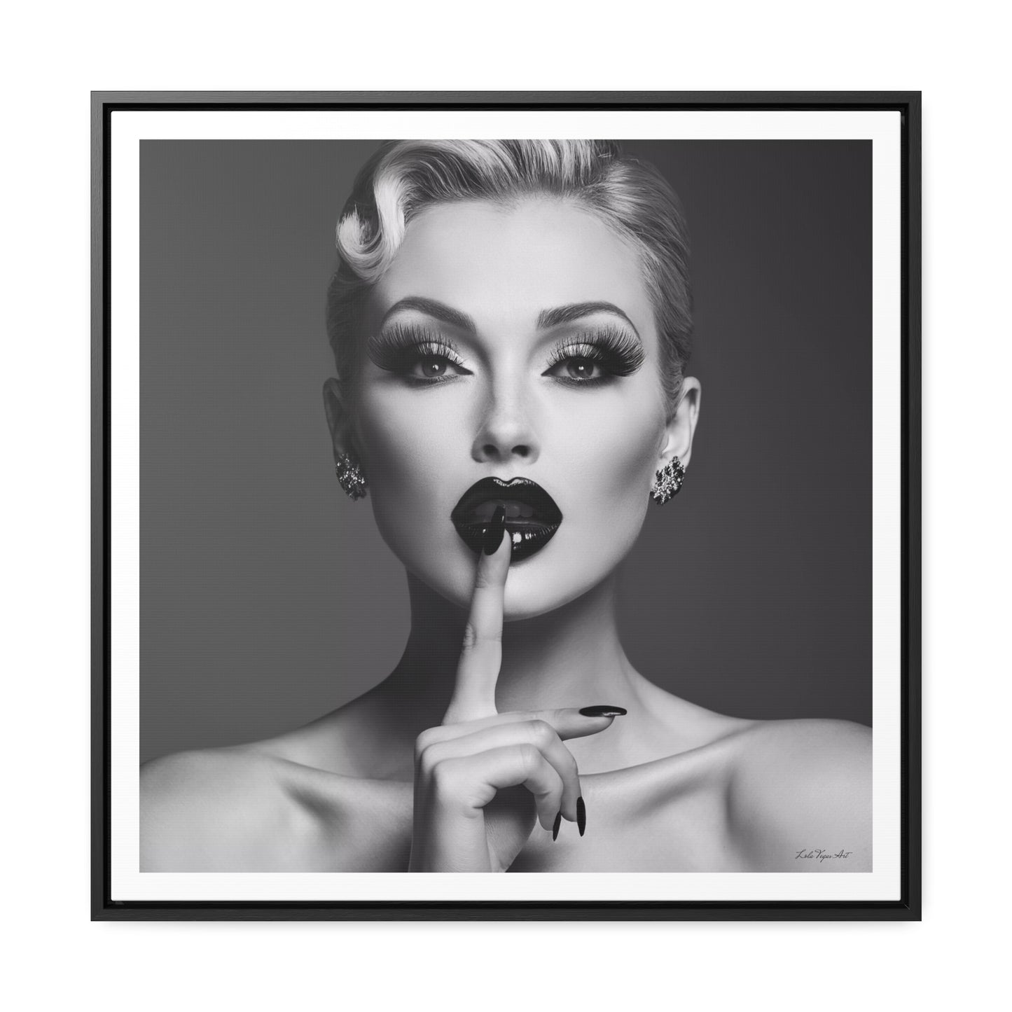 Square Frame Canvas Wall Art, Black & White Glamorous Woman Be Quiet Portrait, Fine Art Photography, Gallery Canvas Wraps, Home Decor, Wall - LOLA VEGAS ART