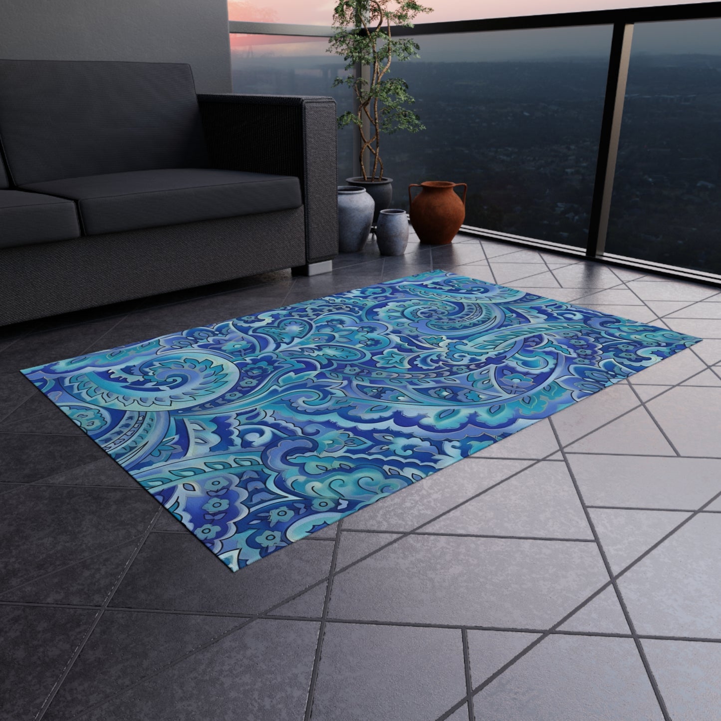 Blue Paisley Pattern Outdoor/Indoor Rug | Waterproof Patio Mat