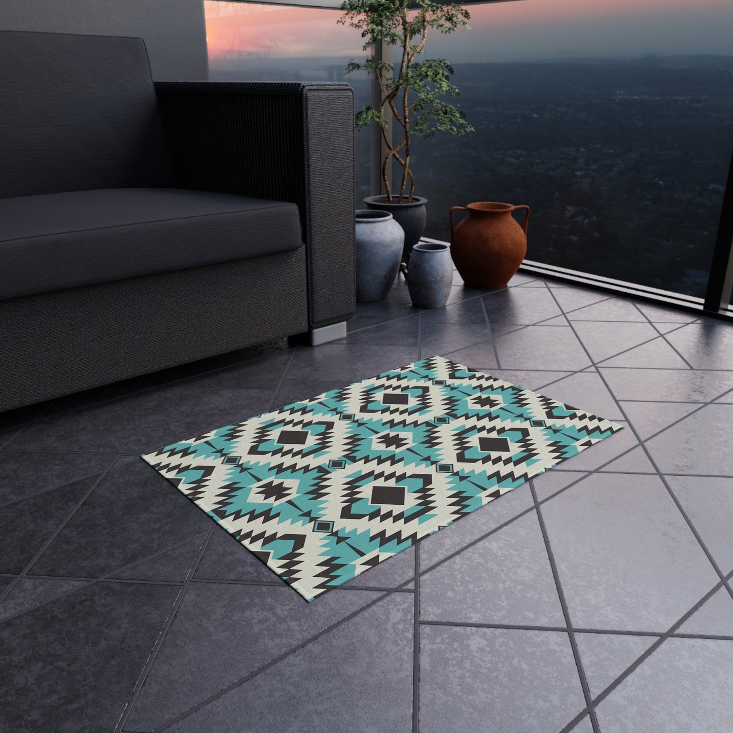Turquoise, Black and White Stylish Outdoor Rug for Patios, Boho Decor, Area Mat, Deck Accessory, Indoor/Outdoor Use - LOLA VEGAS ART