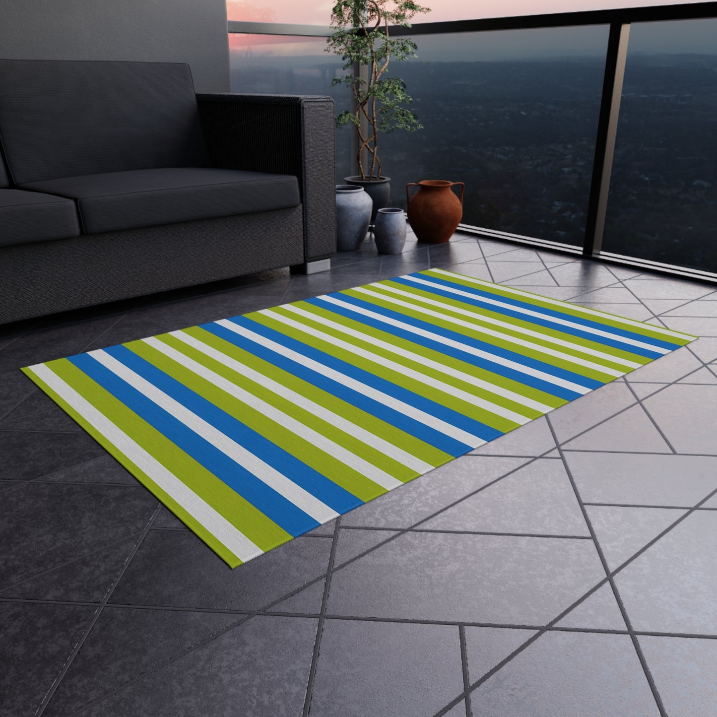Blue Green White Striped Outdoor/Indoor Rug | Patio Mat, Weatherproof Poolside Runner