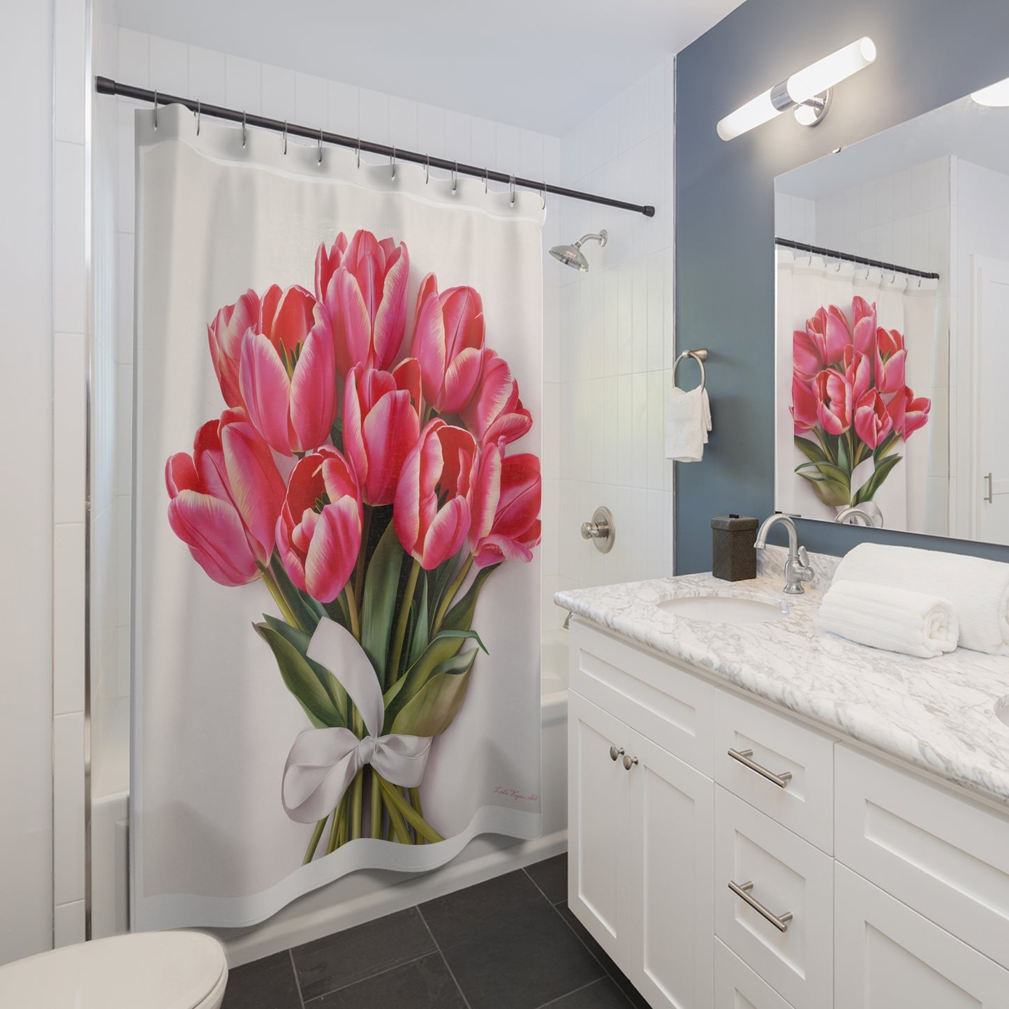 Pink Tulip Bouquet Shower Curtain - Feminine Farmhouse Bathroom Decor, Floral Bath Accessories, White Bathroom Curtain, Spring Flower Home - LOLA VEGAS ART