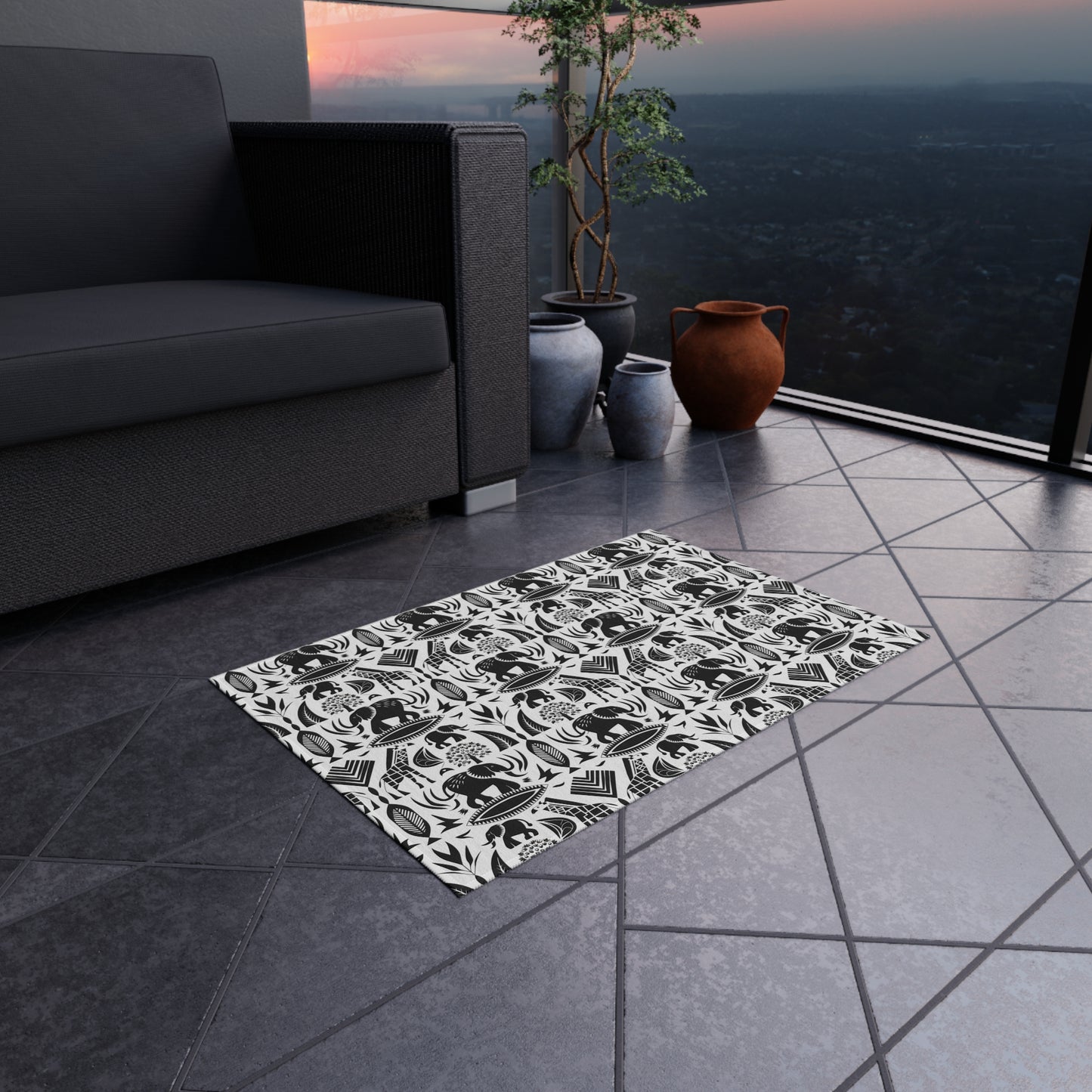 Black/White jungle Indoor/Outdoor Bohemian Rug, Stylish Patio Mat, Home Decor, Garden Area, Picnic Essentials, Unique Gift for Nature Lovers - LOLA VEGAS ART