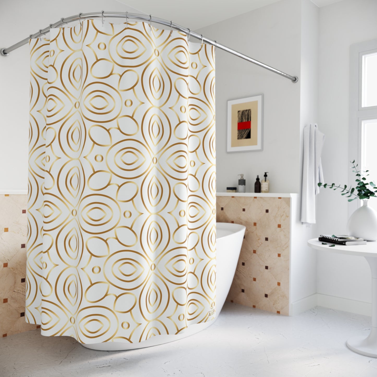 Gold White Geometric Floral Shower Curtain | Modern Boho Bathroom Decor