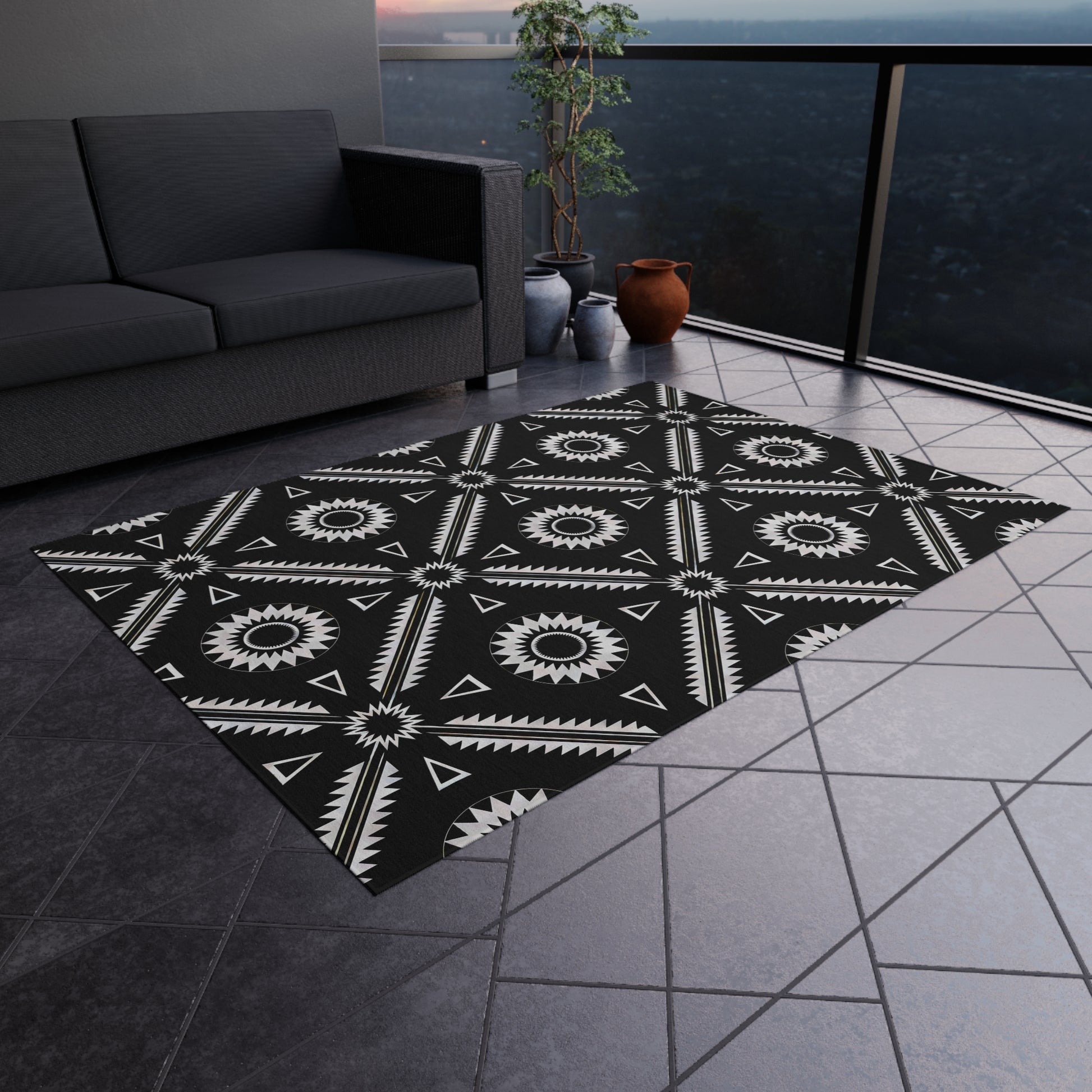 Black and White Southwestern Stylish Outdoor Rug for Patios, Boho Home Decor, Deck Mat, Garden Accent Rug, All-Weather Area Rug - LOLA VEGAS ART