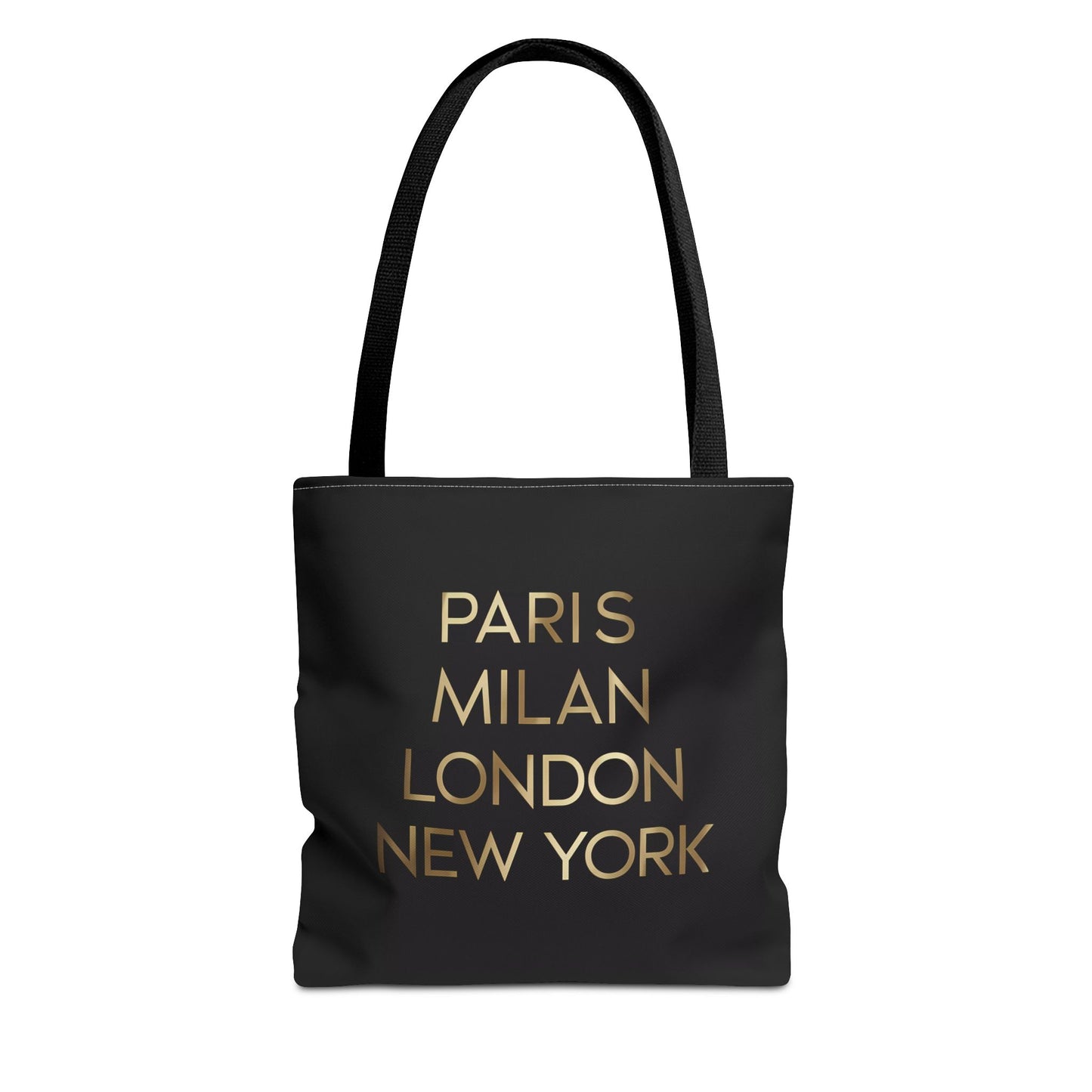 Fashionista Style Black Tote Bag - Paris Milan London New York Gold Typography, Travel Accessory, City Names, Shopping Bag, Fashion Lover - LOLA VEGAS ART
