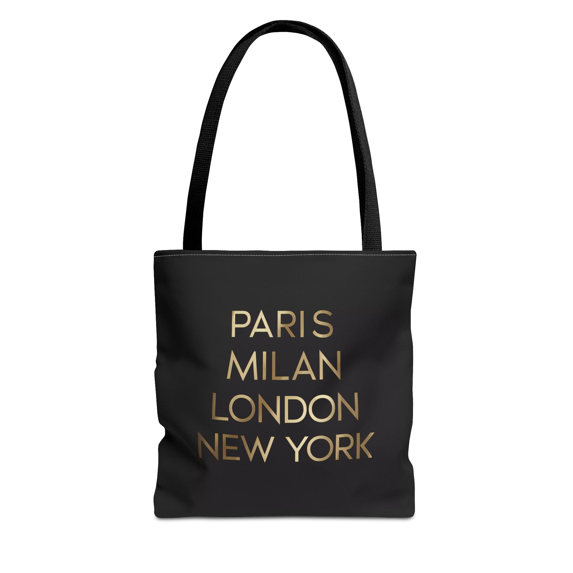 Fashionista Style Black Tote Bag - Paris Milan London New York Gold Typography, Travel Accessory, City Names, Shopping Bag, Fashion Lover - LOLA VEGAS ART
