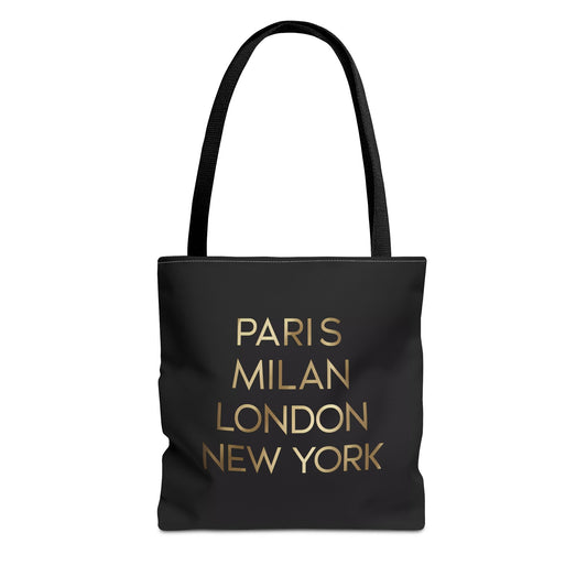 Fashionista Style Black Tote Bag - Paris Milan London New York Gold Typography, Travel Accessory, City Names, Shopping Bag, Fashion Lover - LOLA VEGAS ART