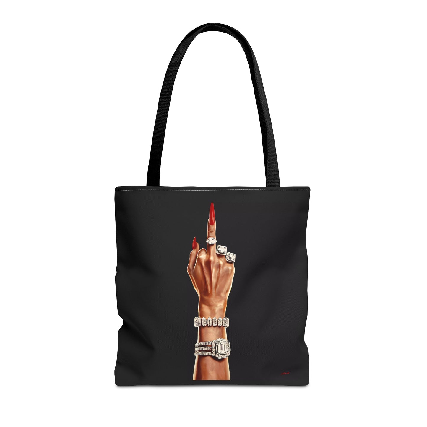 Fashionista Tote Bag - Wealthy Woman Giving the Finger - Bold and Audacious - Diamond Rings and Bracelets, Glam Girl Accessory, Black - LOLA VEGAS ART