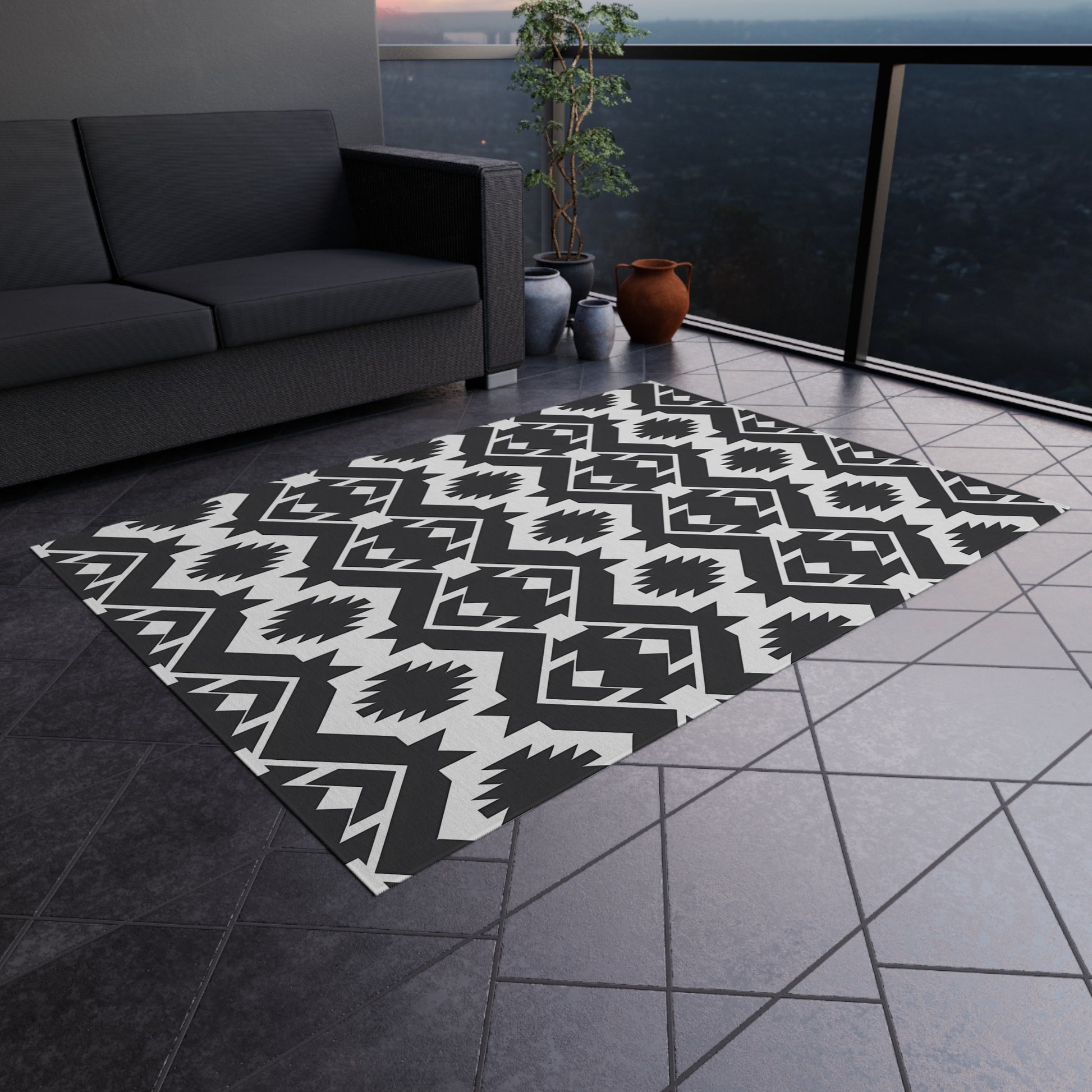 Black and White Southwestern Stylish Outdoor Rug for Patio, Boho Home Decor, Indoor-Outdoor Mat, Modern Area Rug, Garden Party Essential - LOLA VEGAS ART