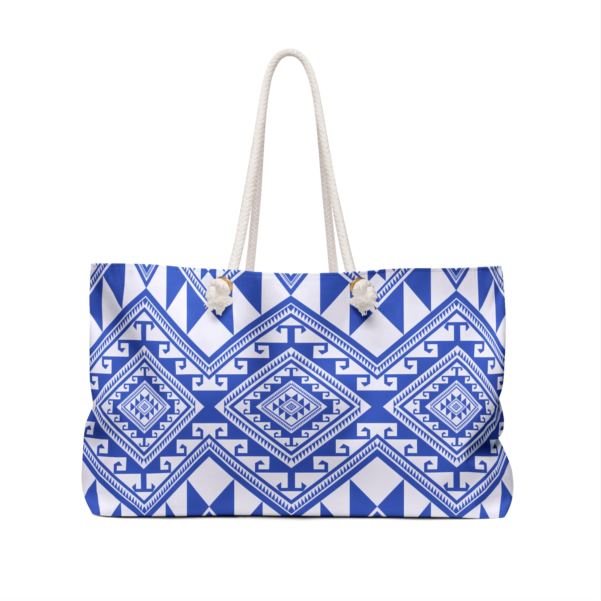 Stylish Weekender Bag with Blue Tribal Pattern, Perfect for Travel, Beach, Gym, Gifts, or Weekend Getaways, Unique Bag - LOLA VEGAS ART