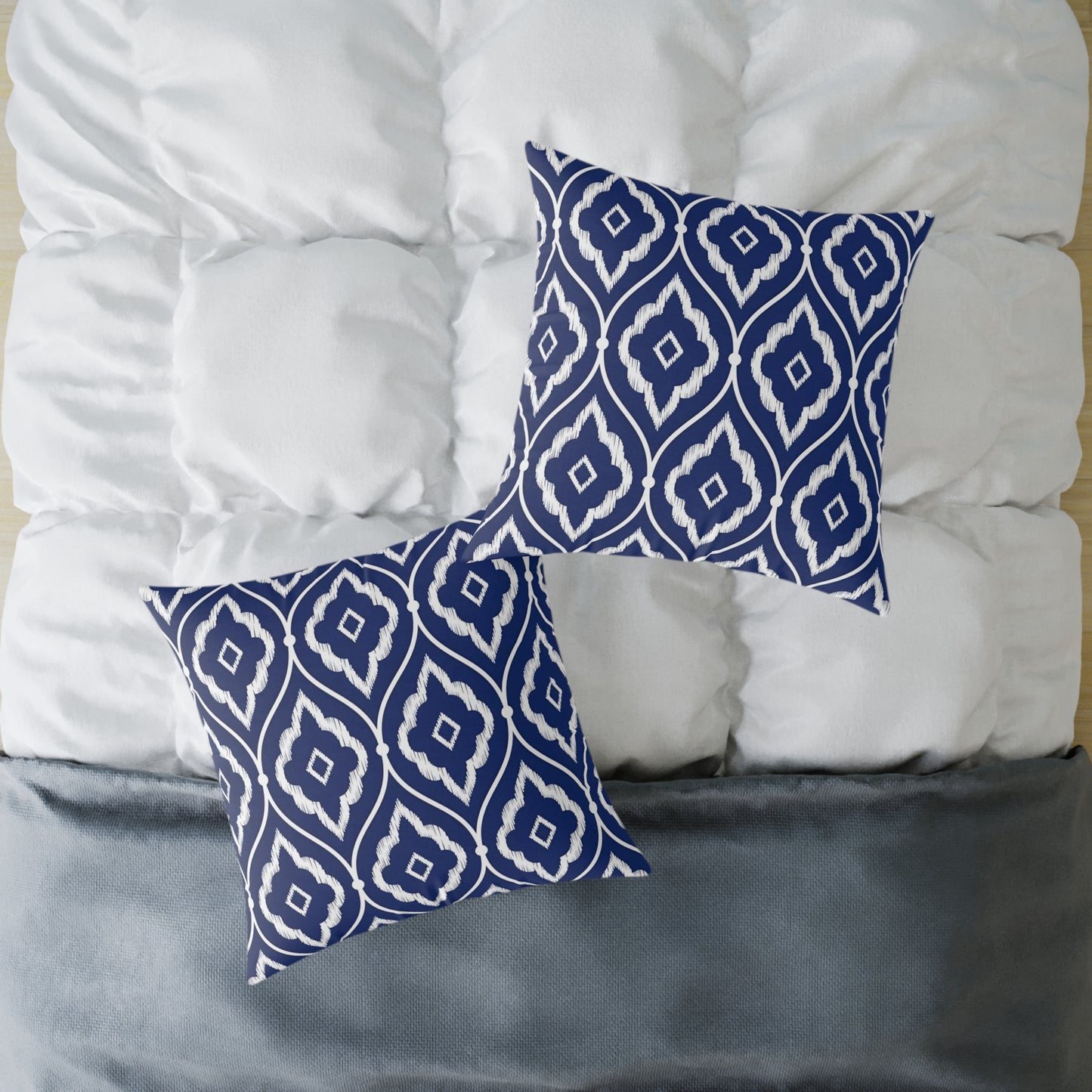 Navy and White Ikat Geometric Pattern Square Pillow | Coastal Home Decor