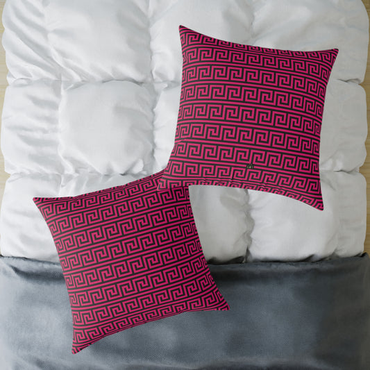 Greek Key Pattern Square Poly Canvas Pillow | Pink and Black Geometric Throw Pillow
