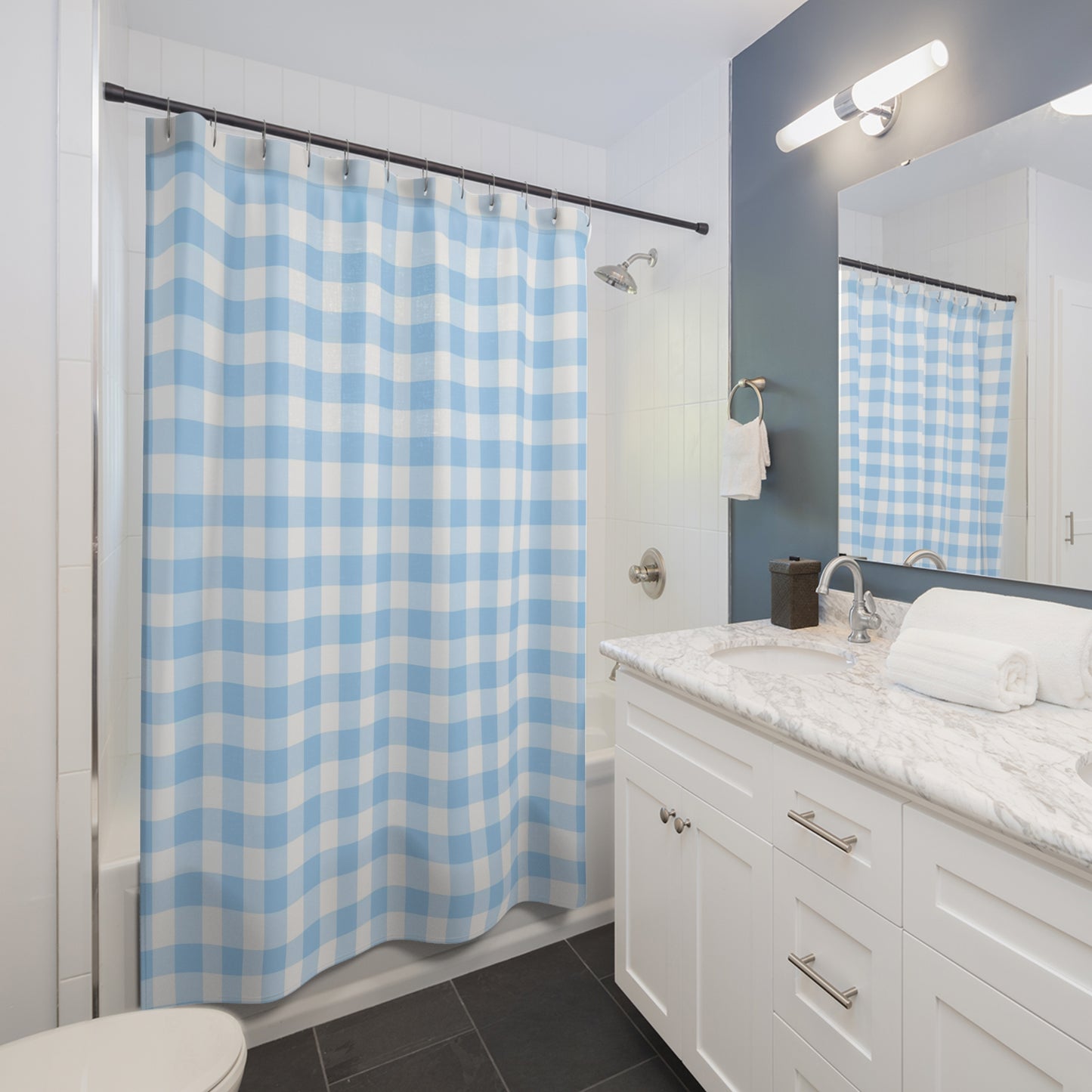 Blue Checkered Shower Curtain, Vintage Bathroom Decor, Farmhouse Style, Easy Care Bathtub Curtain, Summer Vibes, Home Makeover