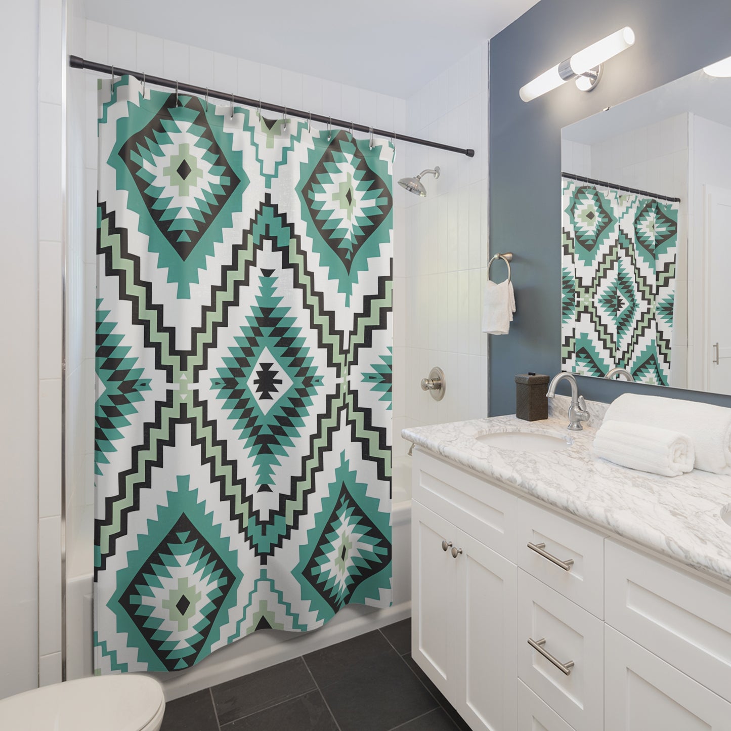 Geometric Turquoise Shower Curtain, Modern Bathroom Decor, Boho Chic Home, Unique Gift Idea, Tribal Pattern Bathroom Accessory - LOLA VEGAS ART