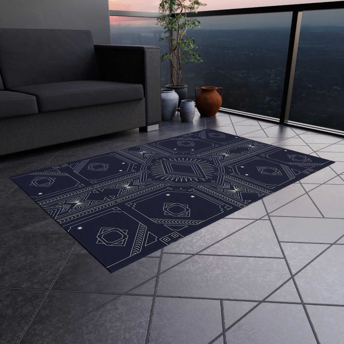 Geometric Aztec Pattern Outdoor Rug | Navy Diamond Porch Mat