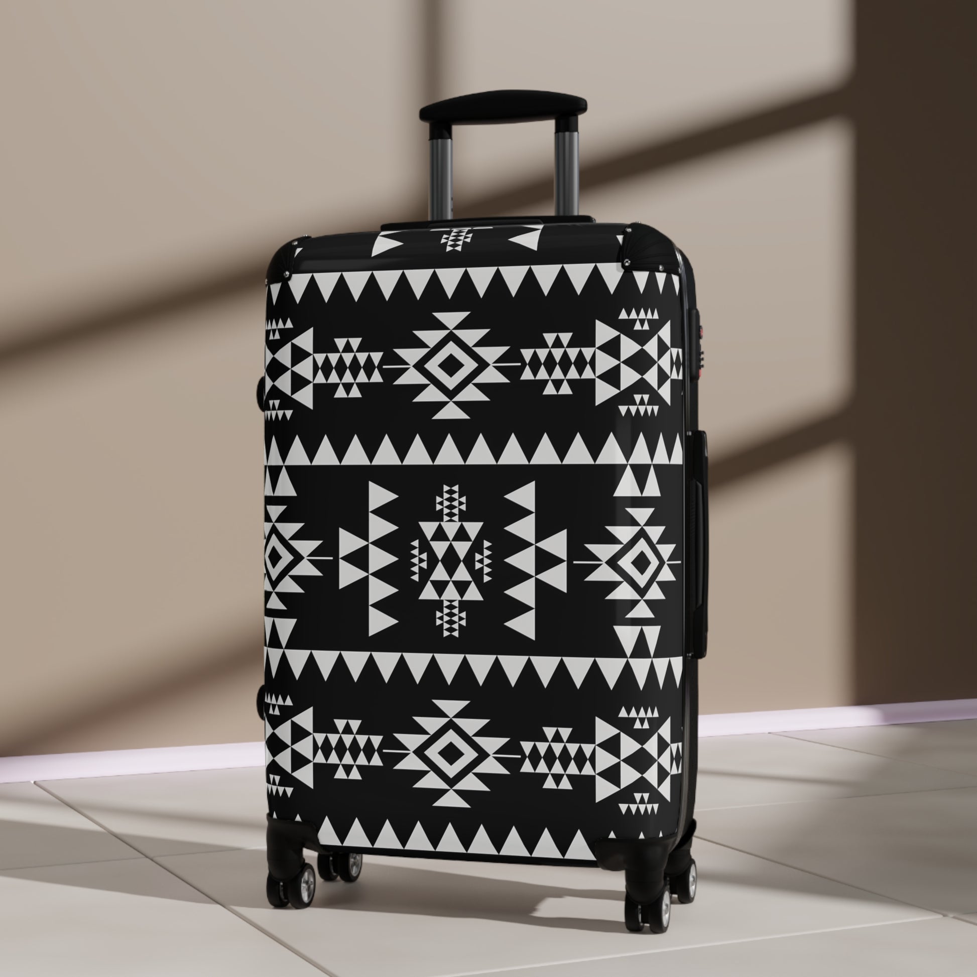 Trendy Black and Tribal White Patterned Suitcase for Stylish Travelers, Carry-On Luggage, Travel Gift, Vacation Essentials, Modern Design - LOLA VEGAS ART