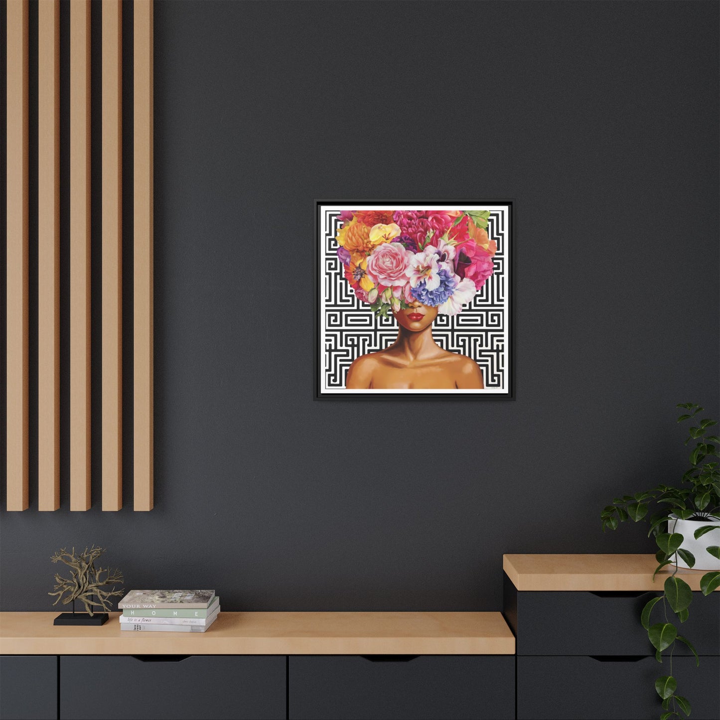 Framed Art Canvas: Vibrant Floral Portrait Decor, Boho Wall Art, Home Gallery, Gift for Her, Inspirational Art, Woman With Flower Head - LOLA VEGAS ART