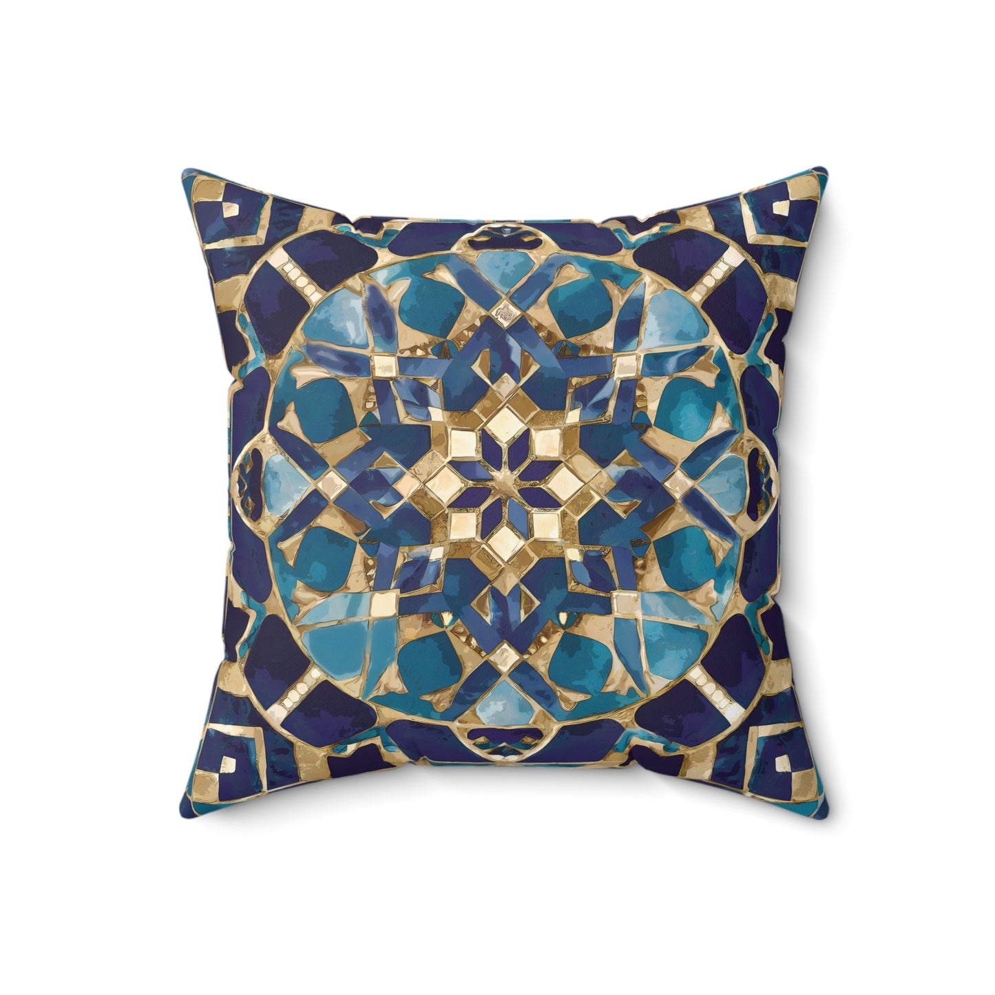 Moroccan Mosaic Square Pillow, Ethnic Boho Throw Cushion, Blue Tan Decorative Pillow, Eclectic Home Accent, Decorative Sofa Pillow - LOLA VEGAS ART