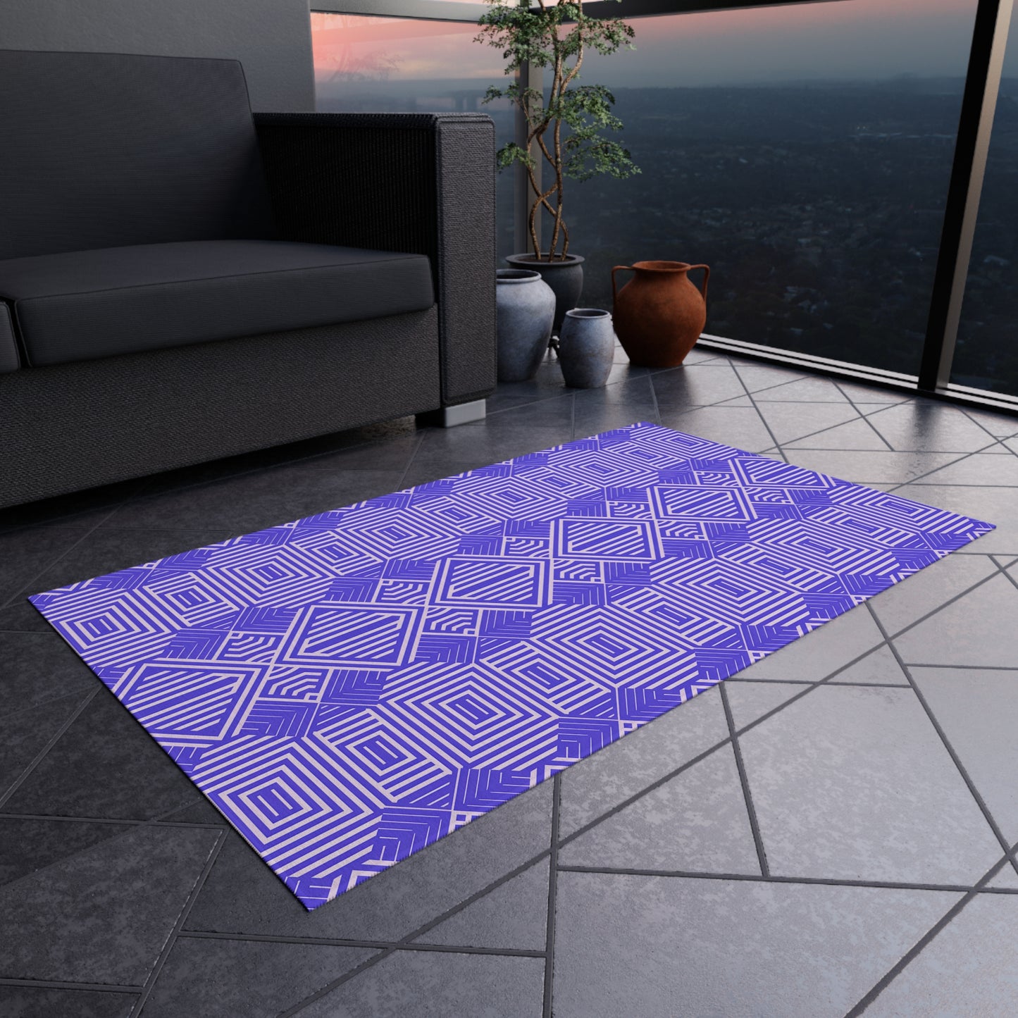 Purple and White Stylish Outdoor/Indoor Rug for Patio Decor, Boho Chic Deck Mat, Versatile Area Rug, Summer Gatherings, Garden Party Decor - LOLA VEGAS ART