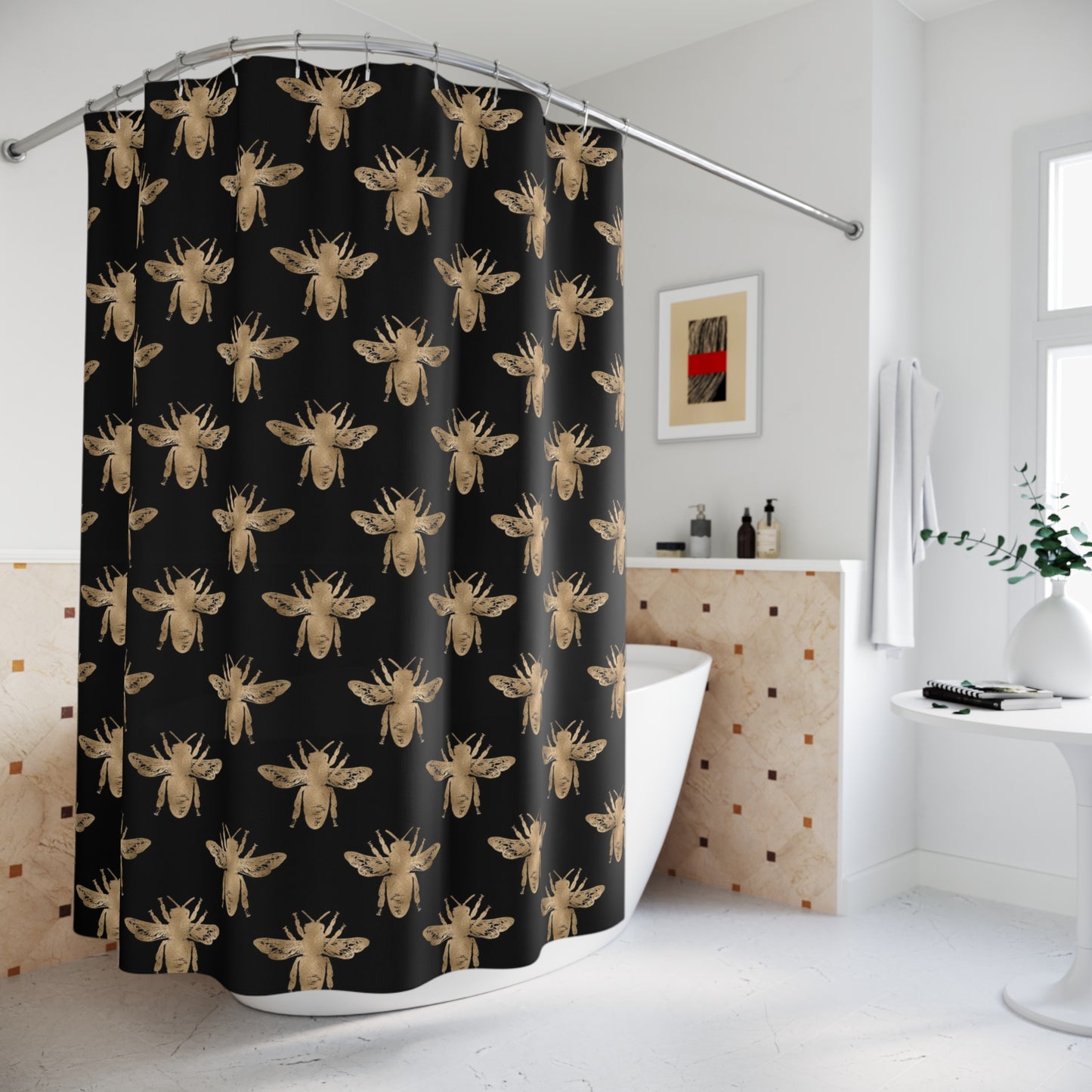 Bee Pattern Shower Curtain, Boho Bathroom Decor, Insect Design, Nature Lover Gift, Home Decor