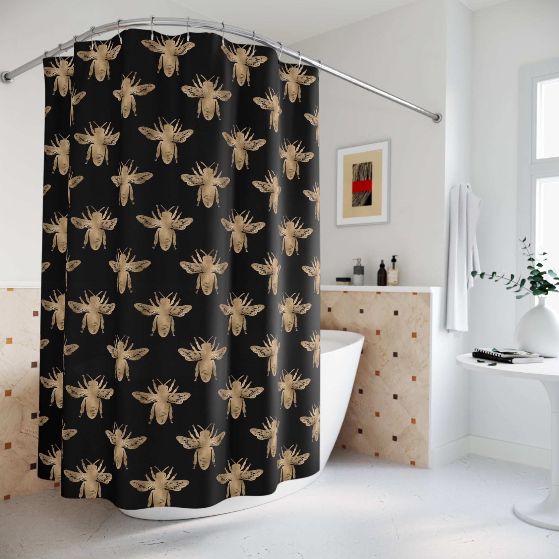 Bee Pattern Shower Curtain, Boho Bathroom Decor, Insect Design, Nature Lover Gift, Home Decor - LOLA VEGAS ART