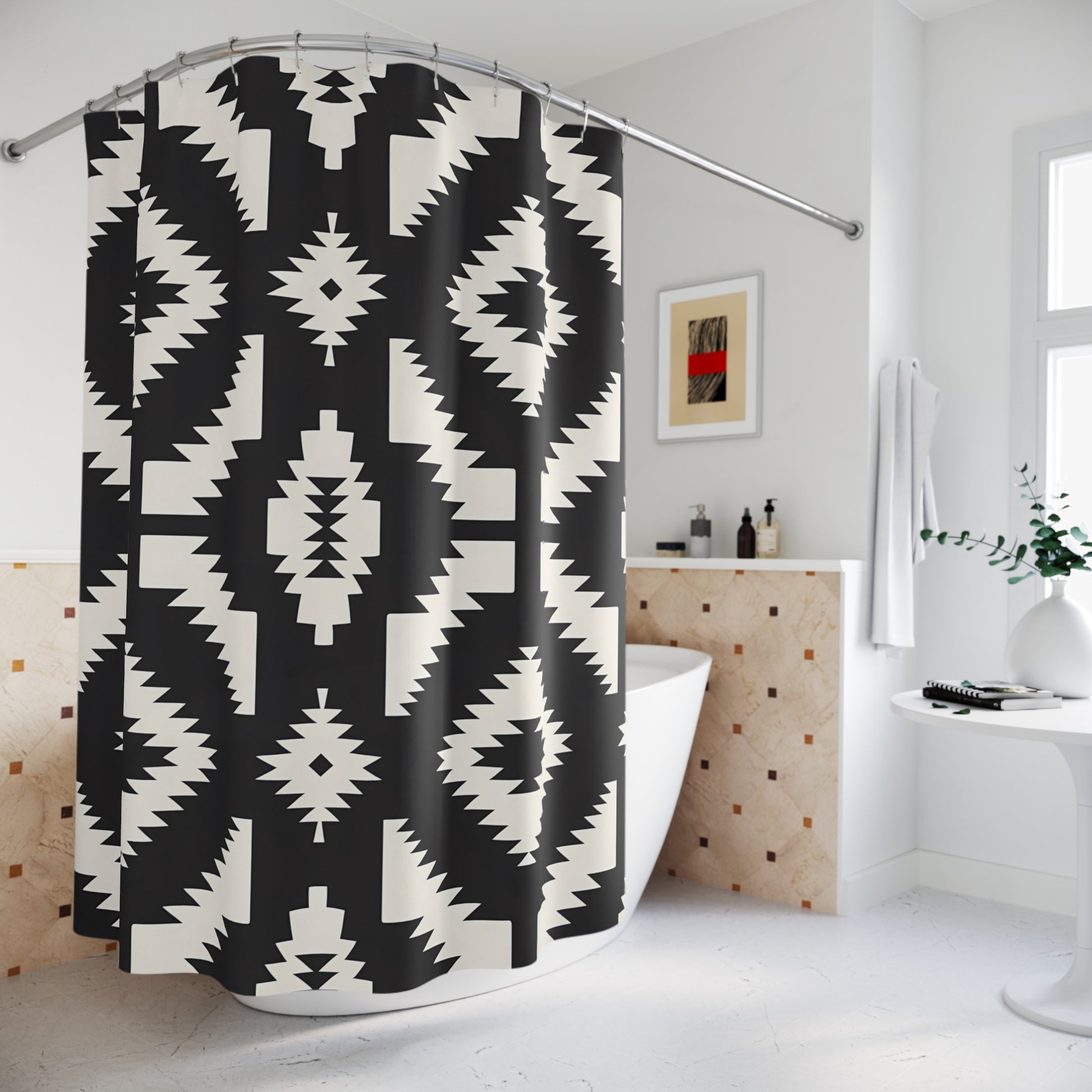 Modern Tribal Shower Curtains, Bohemian Bathroom Decor, Black and White Home Accessory, Ethnic Pattern, Gift for Housewarming - LOLA VEGAS ART
