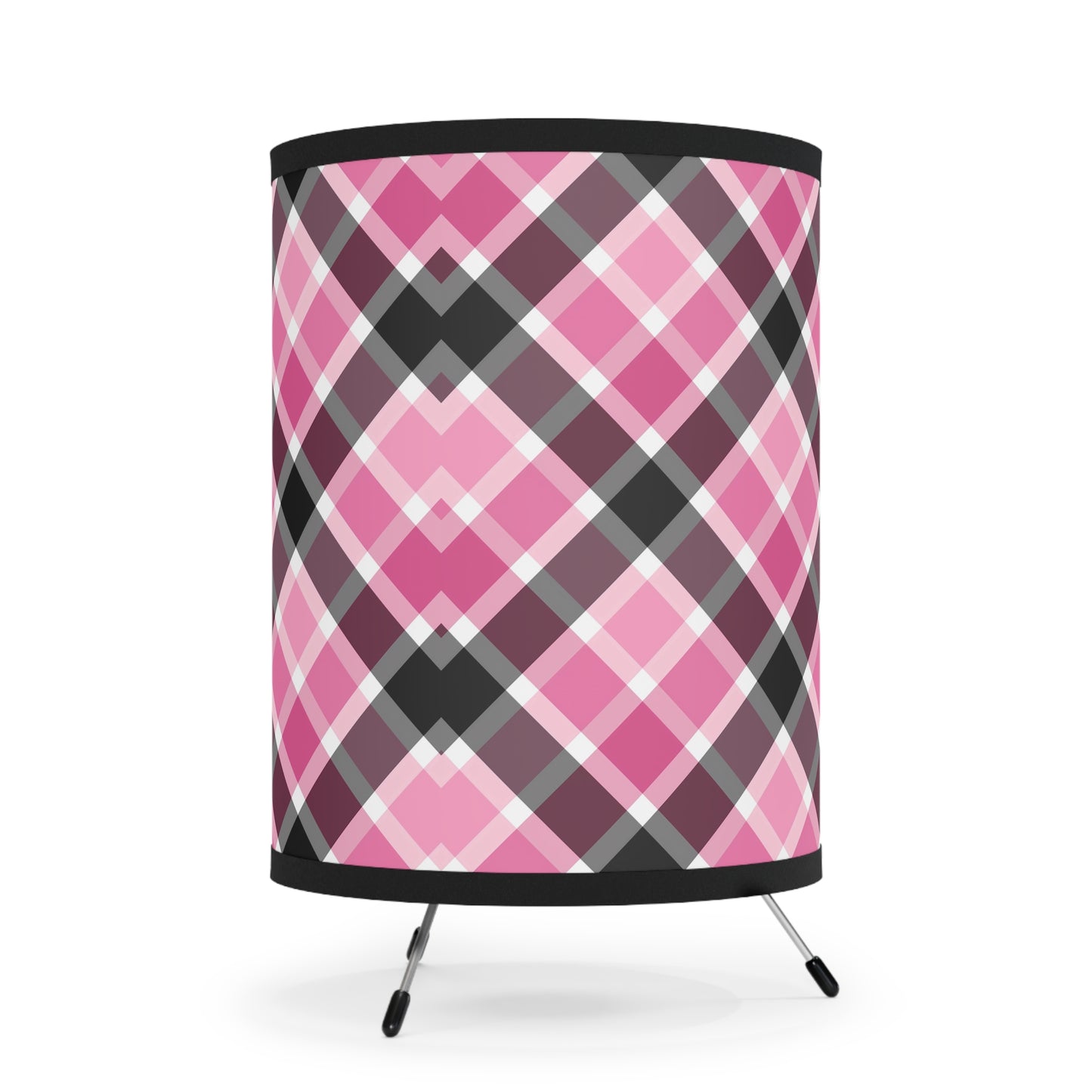 Chic Pink and Black Plaid Tripod Lamp, Stylish Home Decor, Modern Lighting, Living Room Accent, Gift for Her, Desk Lamp