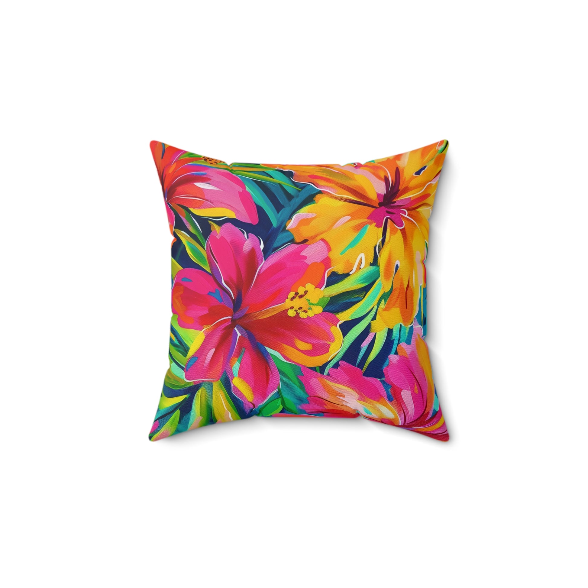 Vibrant Pink, Yellow, Blue Floral Throw Pillow, Tropical Home Decor, Bright Cushion for Living Room, Summer Vibes, Gift for Friends - LOLA VEGAS ART