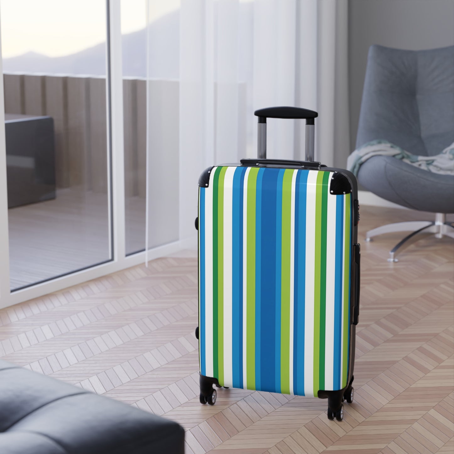 Blue Green Vertical Stripes Suitcase | Luggage Travel Accessory