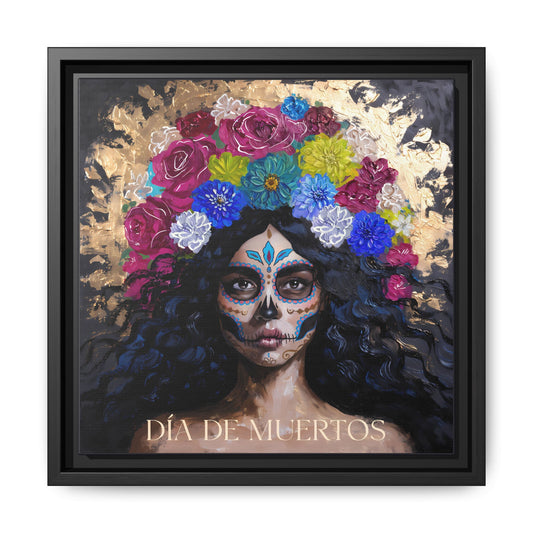 Día de Muertos Sugar Skull Woman Matte Canvas Framed | Floral Headdress Wall Art