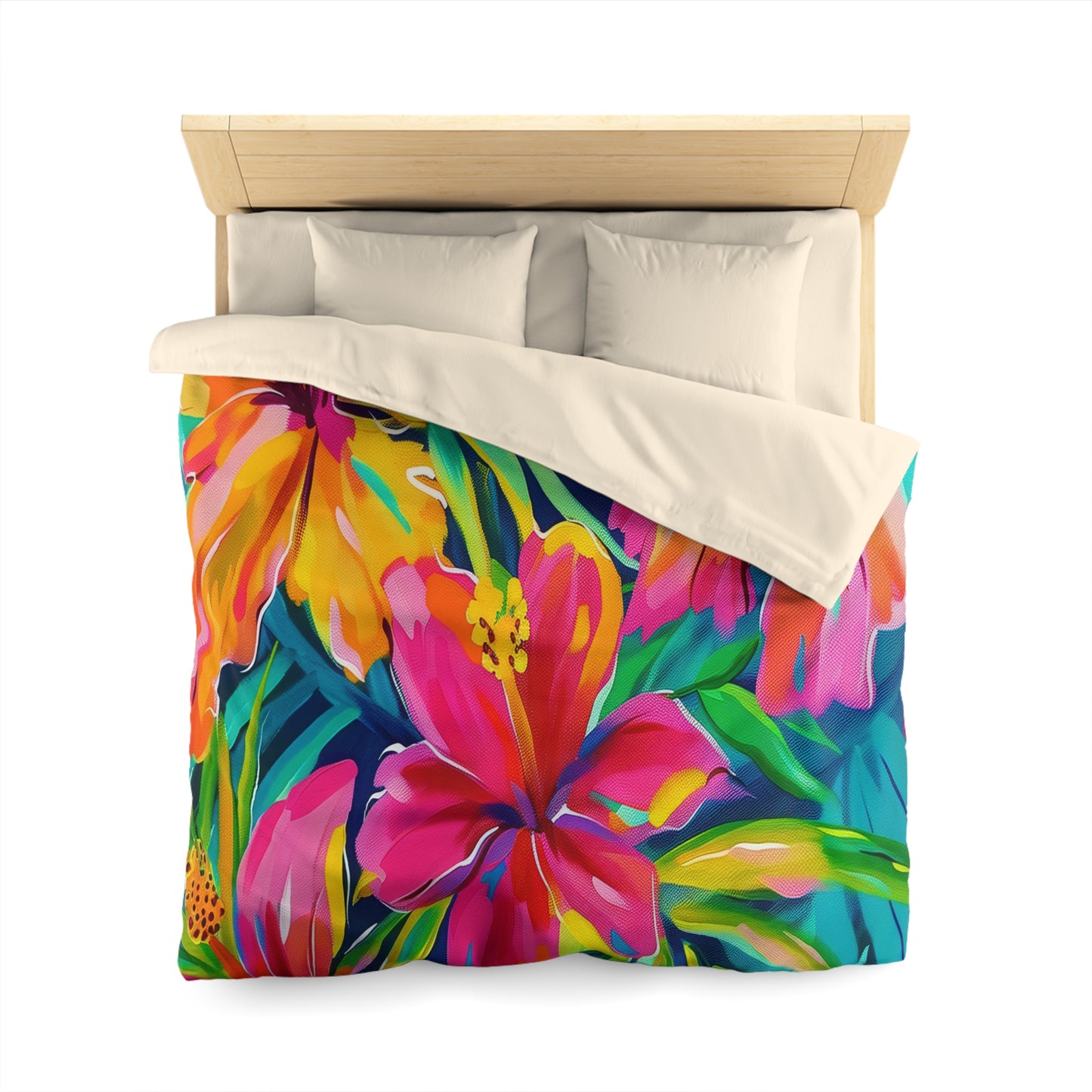 Tropical Floral Microfiber Duvet Cover - Vibrant Bedding, Boho Home Decor, Floral Print Cover, Summer Vibes, Gift for Her, Pink and Green - LOLA VEGAS ART