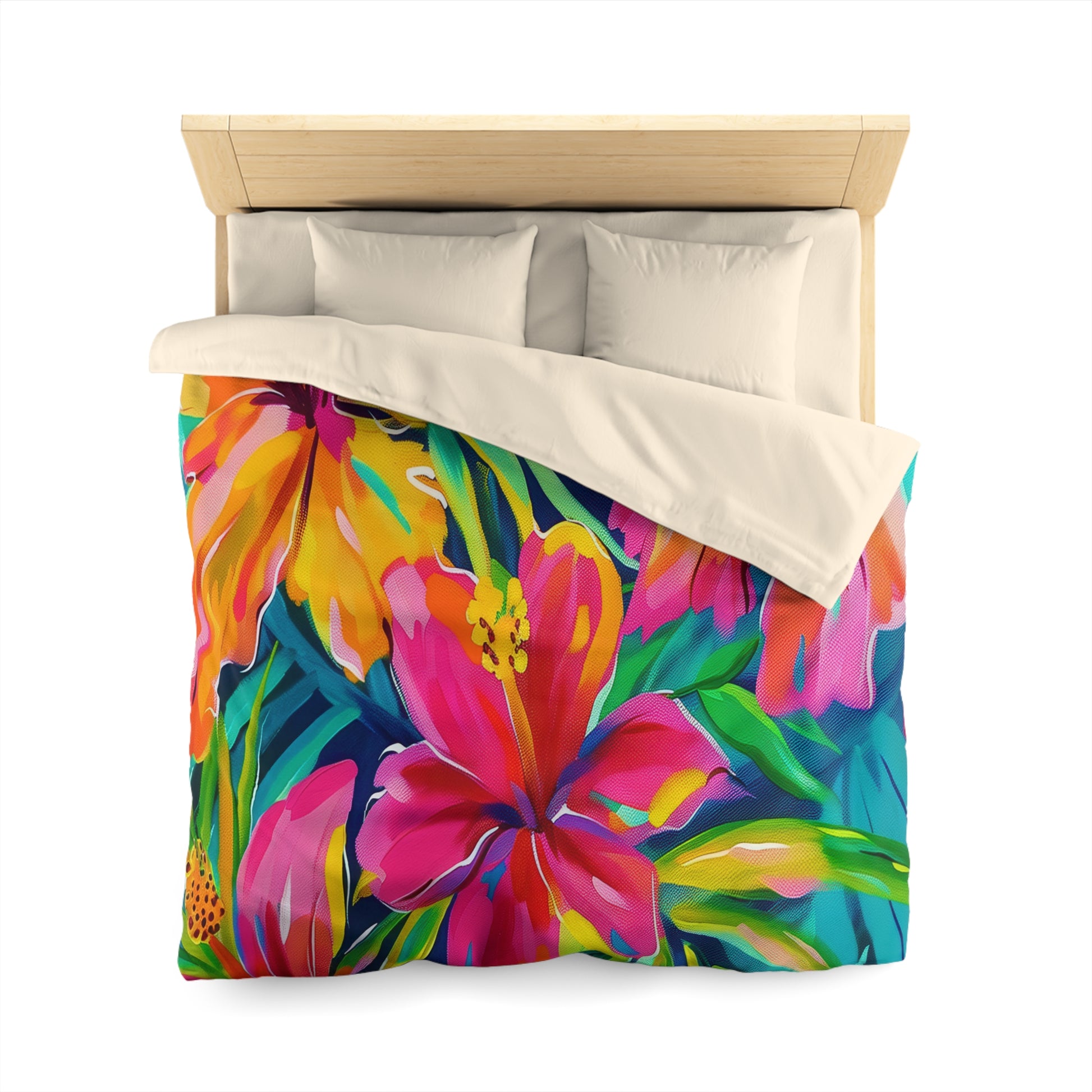 Tropical Floral Microfiber Duvet Cover - Vibrant Bedding, Boho Home Decor, Floral Print Cover, Summer Vibes, Gift for Her, Pink and Green - LOLA VEGAS ART