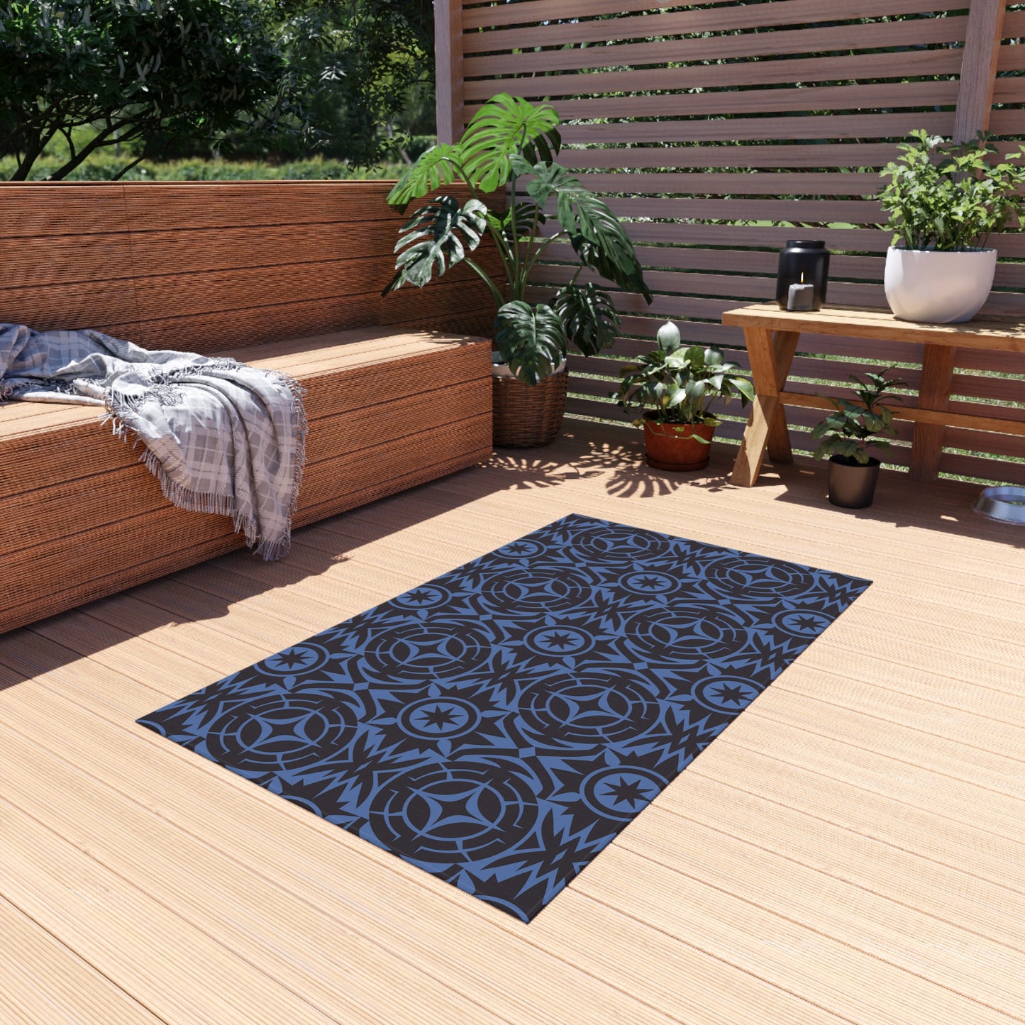 Blue and Black Stylish Outdoor Rug for Patios, Decks, and Porches, Durable Decorative Mat, Outdoor Living Essentials, Seasonal Decorations - LOLA VEGAS ART