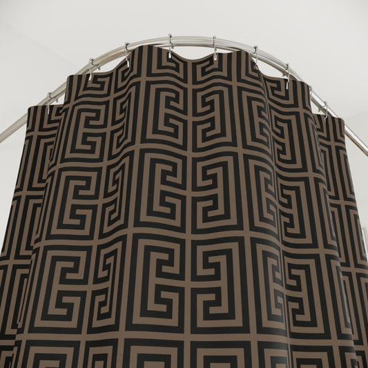 Geometric Greek Key Shower Curtain | Brown Black Maze Pattern, Classy Bathroom Accesory