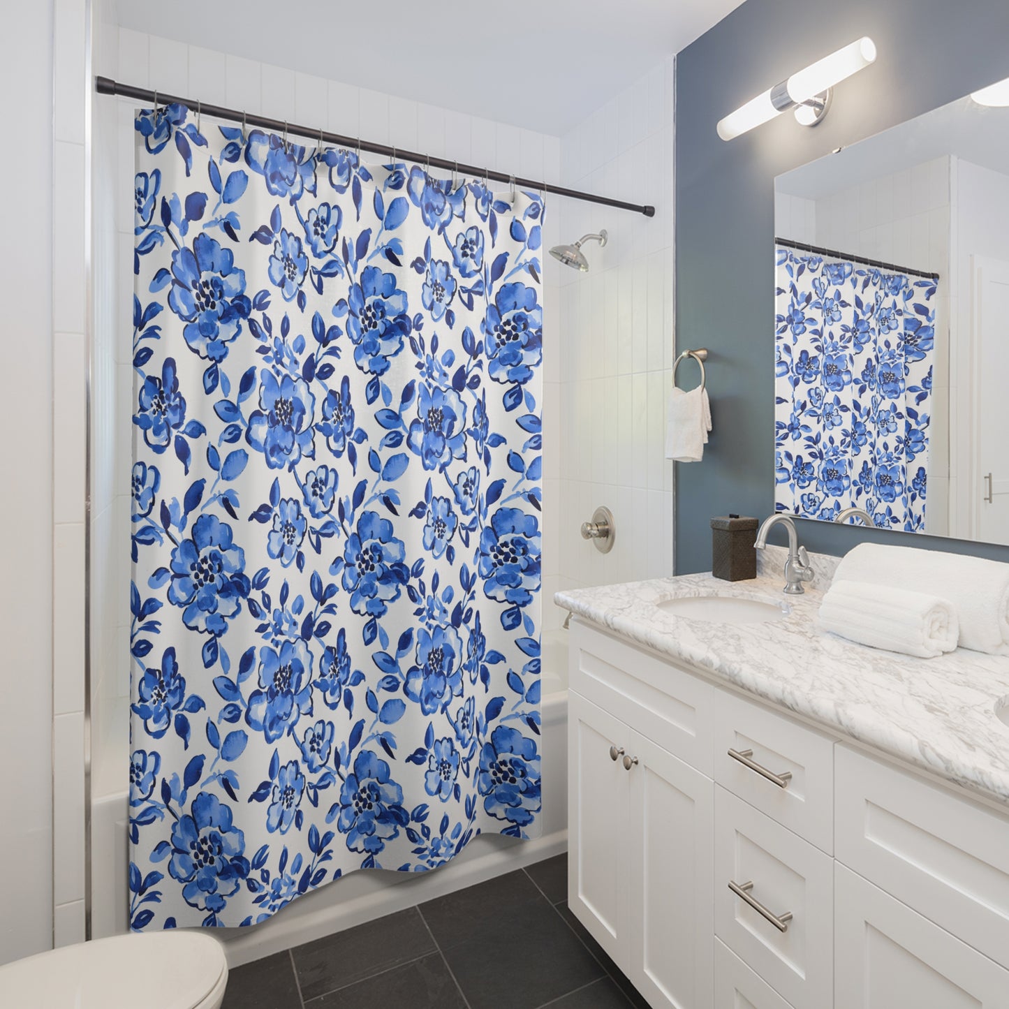Elegant Floral Shower Curtain, Blue Flower Bath Decor, Bathroom Accessories, Spring Home Decor, Gift for Homeowner, Floral Design