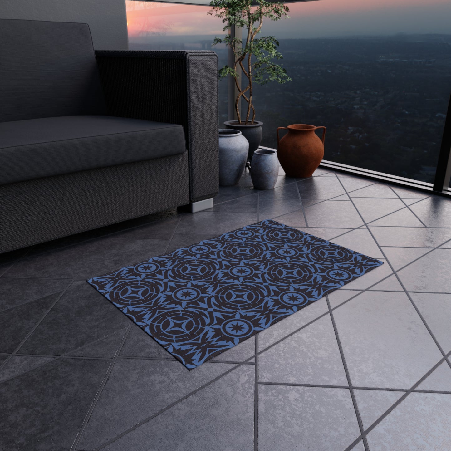 Blue and Black Stylish Outdoor Rug for Patios, Decks, and Porches, Durable Decorative Mat, Outdoor Living Essentials, Seasonal Decorations - LOLA VEGAS ART
