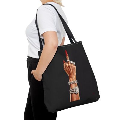 Fashionista Tote Bag - Wealthy Woman Giving the Finger - Bold and Audacious - Diamond Rings and Bracelets, Glam Girl Accessory, Black - LOLA VEGAS ART