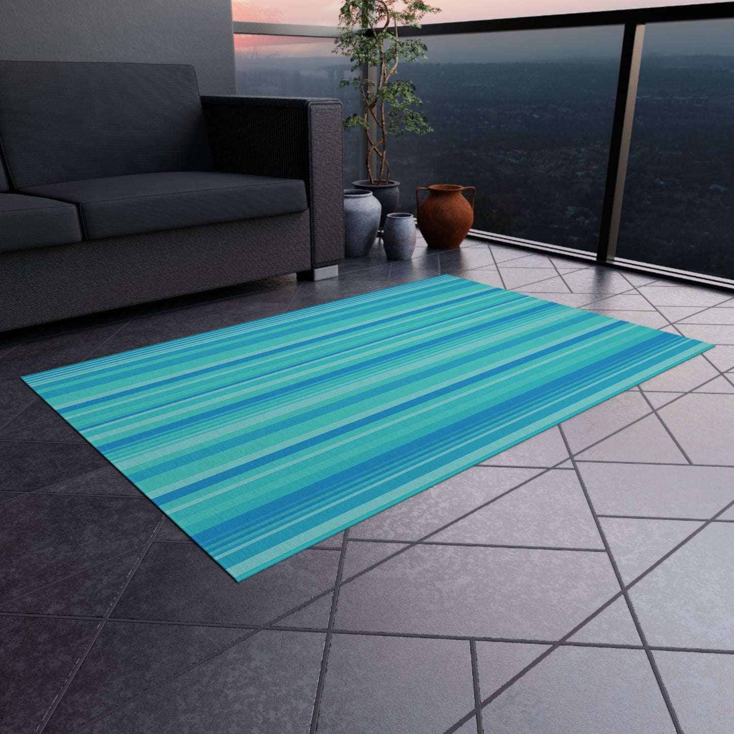 Blue Striped Beach Stripe Outdoor Rug | Patio Mat