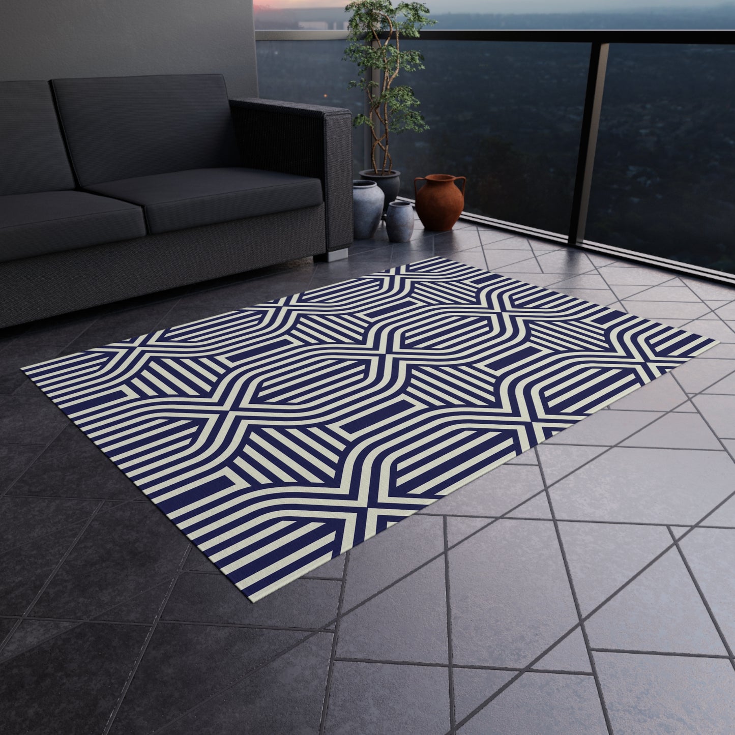 Navy and White Stylish Outdoor Rug, Patio Decor, Garden Mat, Indoor-Outdoor Area Rug, Beach Blanket, Porch Accent, Home Decoration - LOLA VEGAS ART