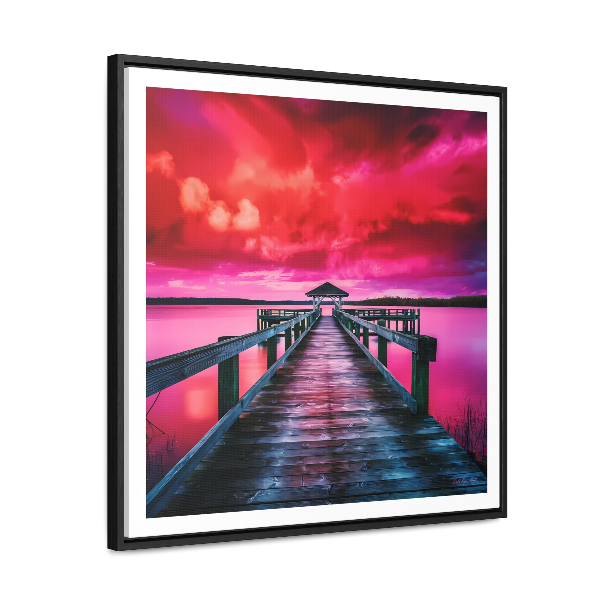 Serene Lake Dock Canvas Wall Art, Square Frame Landscape Print, Peaceful Nature Gallery Wrap, Stunning Pink and Red Sky Decor, Calm Water - LOLA VEGAS ART