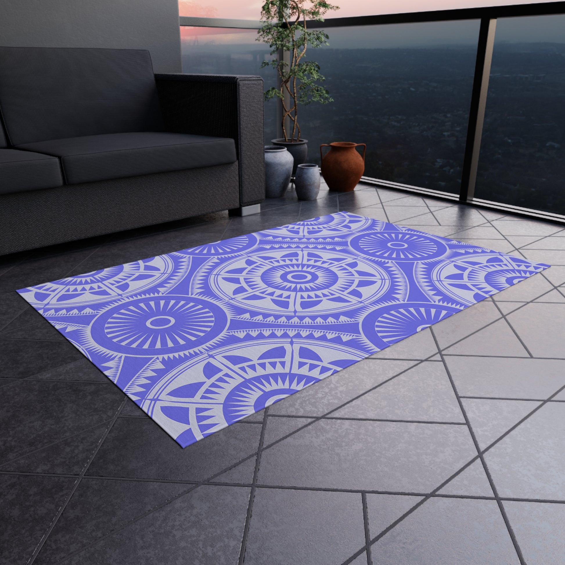 Purple and White Mandala Boho Outdoor Rug - Perfect for Patios, Picnics, Beach Fronts, Home Decor, Easy to Clean, Versatile Area Mat - LOLA VEGAS ART