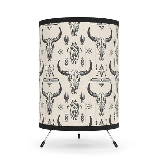 Boho Style Tripod Lamp, Rustic Home Decor, Modern Lighting, Cow Skull Print, Festival Vibes, Unique Gift Idea, Cowboy Decor, Southwestern - LOLA VEGAS ART