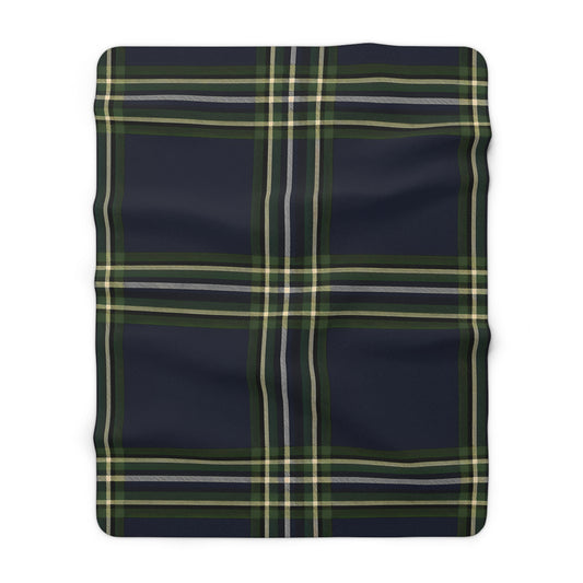 Navy Green Yellow White Tartan Plaid Sherpa Blanket | Cozy Fleece Throw