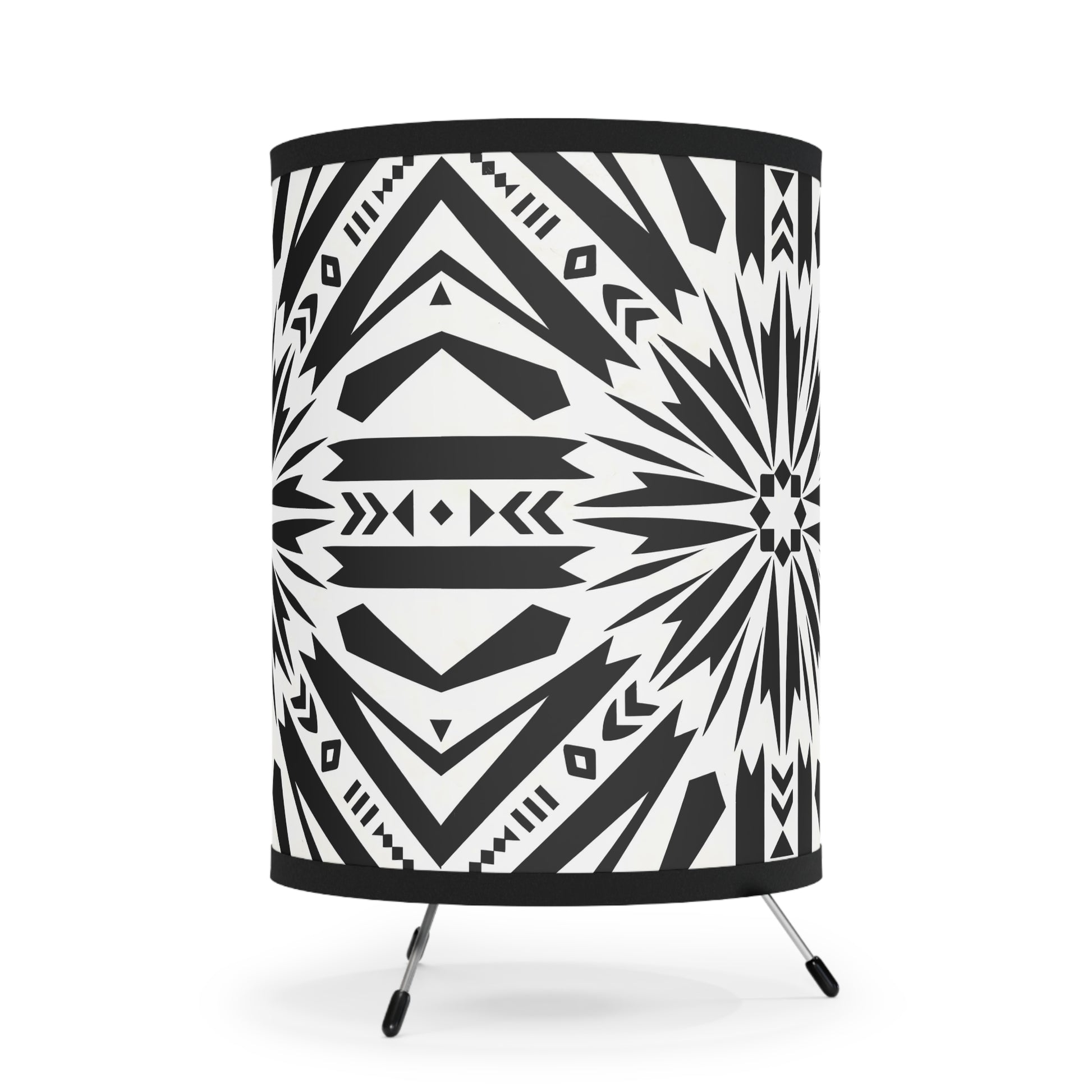 Black and White Modern Tribal Tripod Lamp with Bold High-Res Print, Boho Decor, Living Room Accent, Unique Lighting - LOLA VEGAS ART